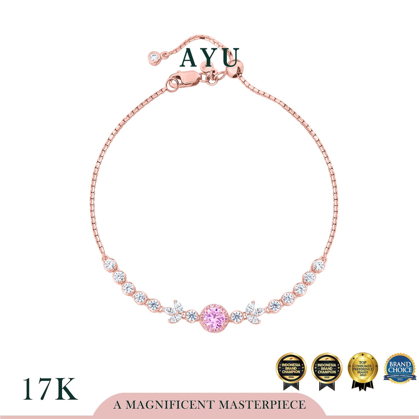 AYU Gelang Emas - Round Halo Angel Vine Everbloom Chain Bracelet 17k Rose Gold