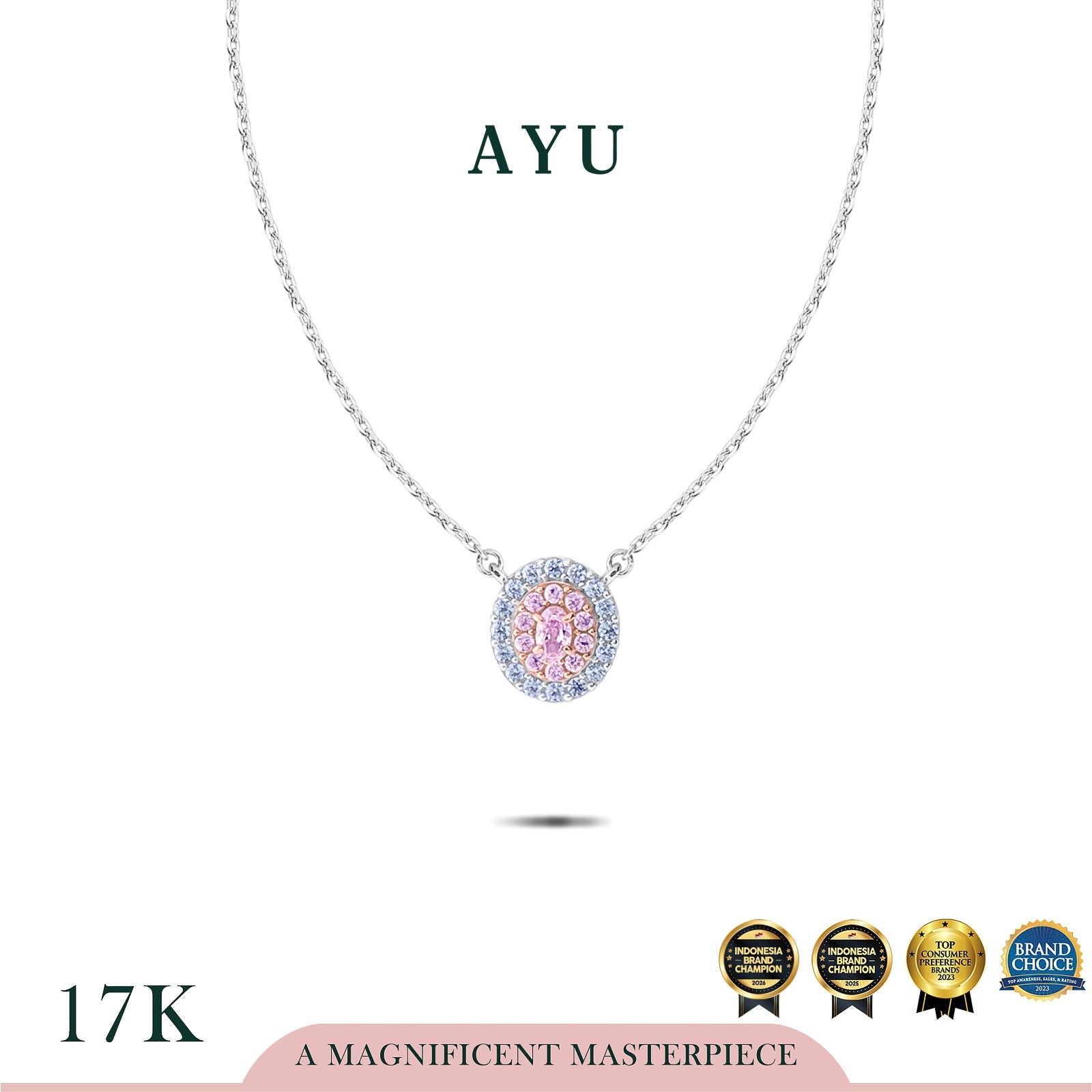 AYU Kalung Emas - Everbloom Oval Halo Necklace 17k White Gold