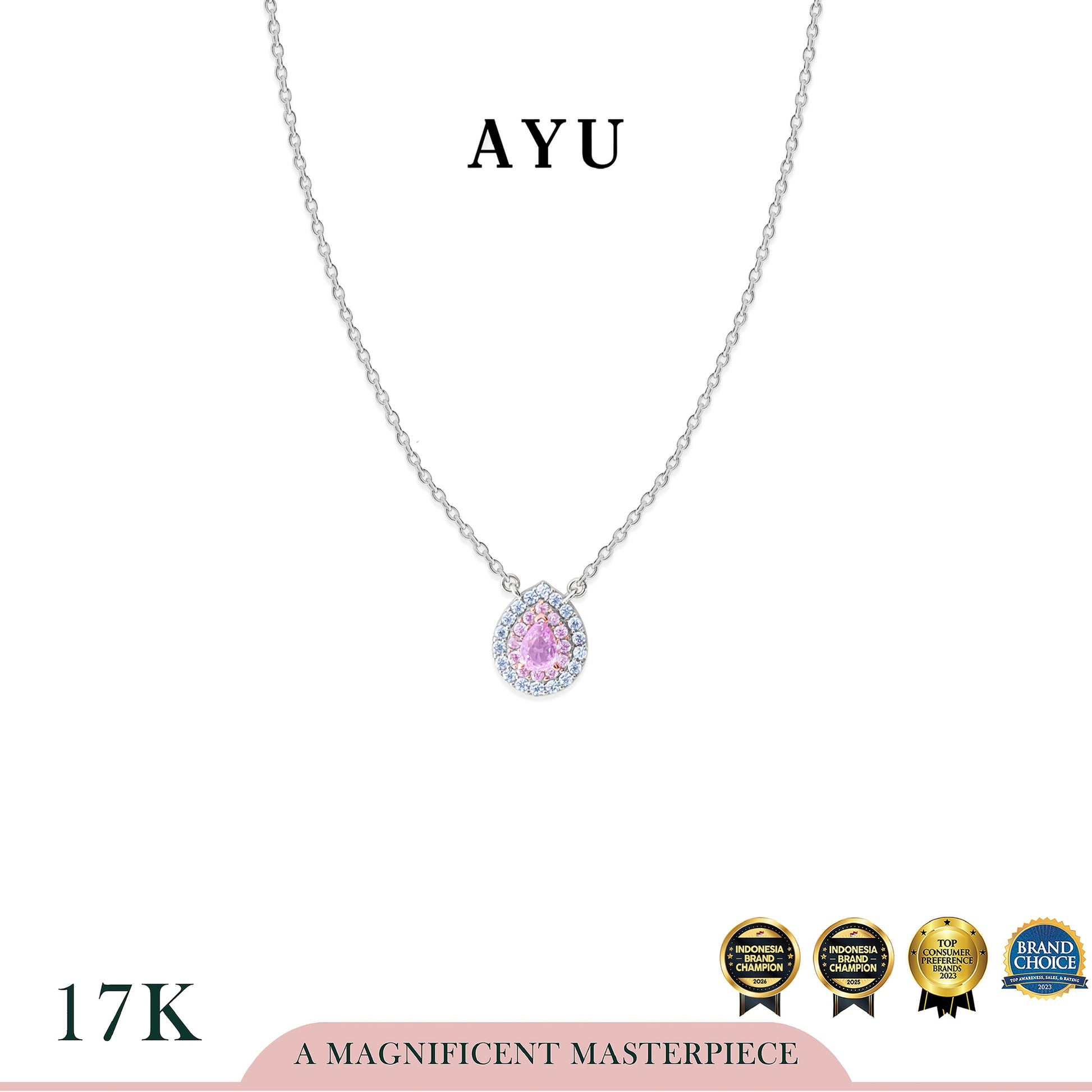 AYU Kalung Emas - Everbloom Teardrop Halo Necklace 17k White Gold