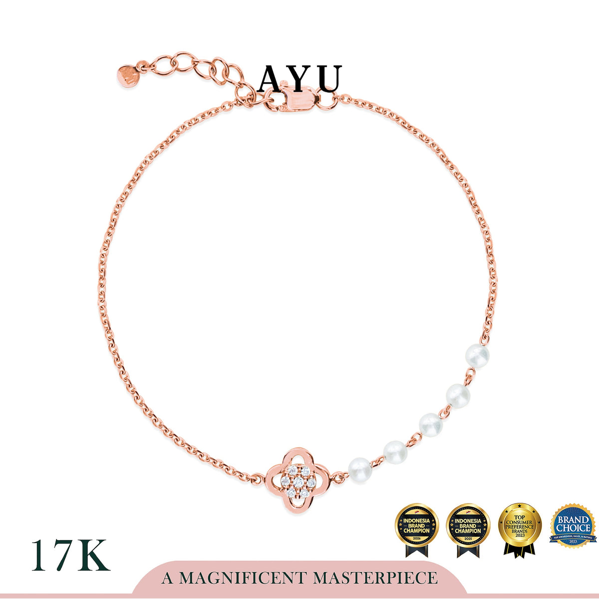 AYU Gelang Emas - Clover With Pearl Bracelet 17k Rose Gold