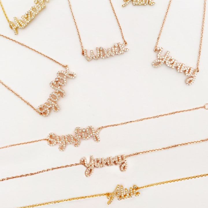 Custom necklace pave cursive Vita 17k yellow gold 45cm