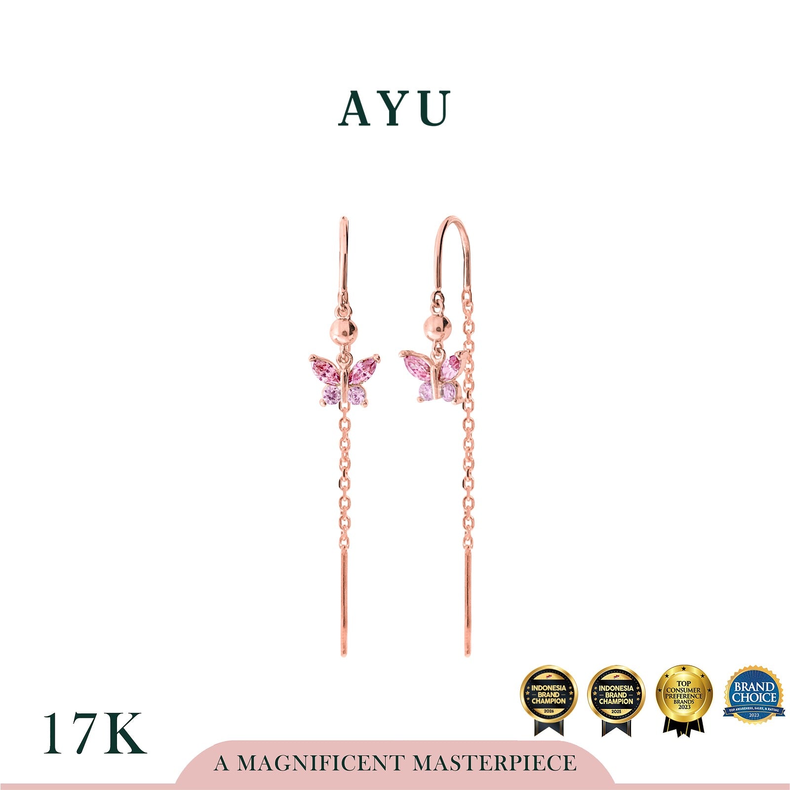 AYU Anting Emas - Everbloom Pink Butterfly Chain Thread Earrings 17k Rose Gold