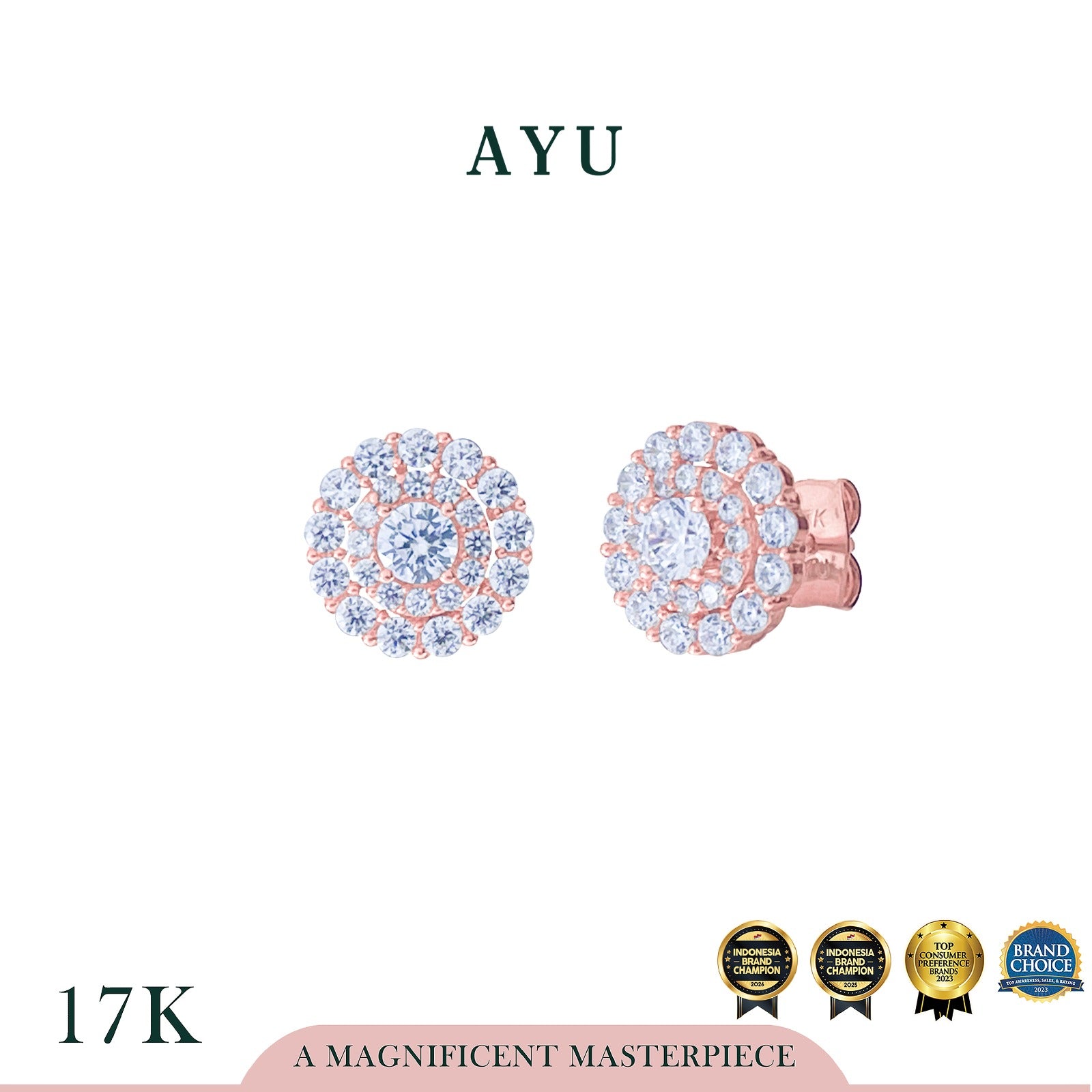 AYU Anting Emas - Round Double Halo Studs 17k Rose Gold