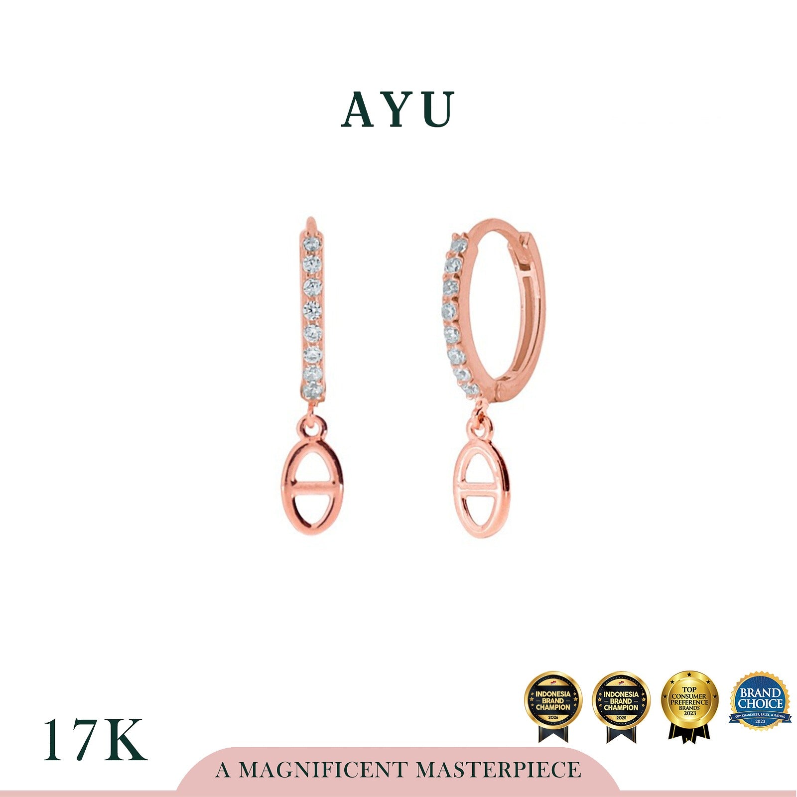 AYU Anting Emas - Pave Doughnut Earrings With Oval Link 17k Rose Gold