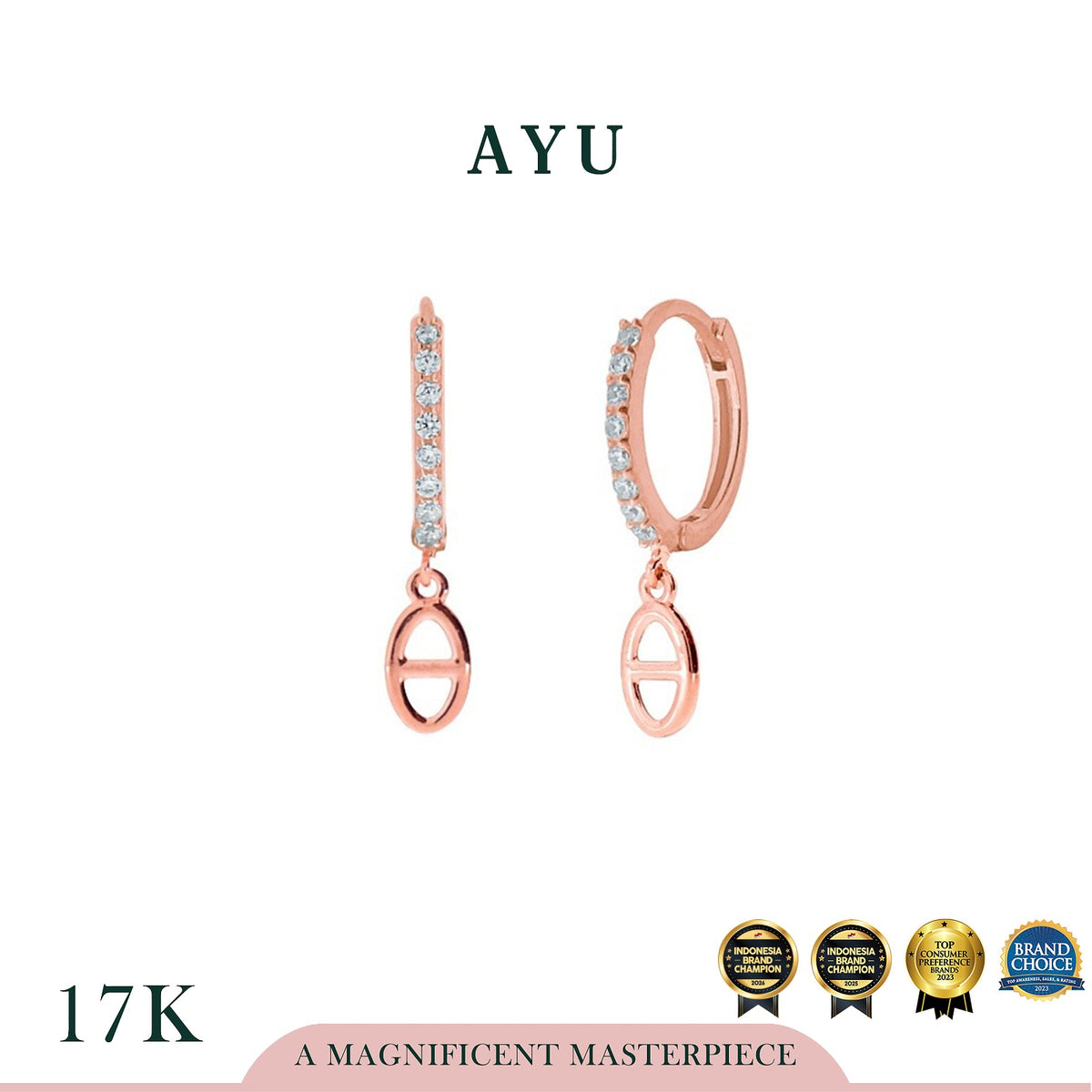 AYU Anting Emas - Pave Doughnut Earrings With Oval Link 17k Rose Gold