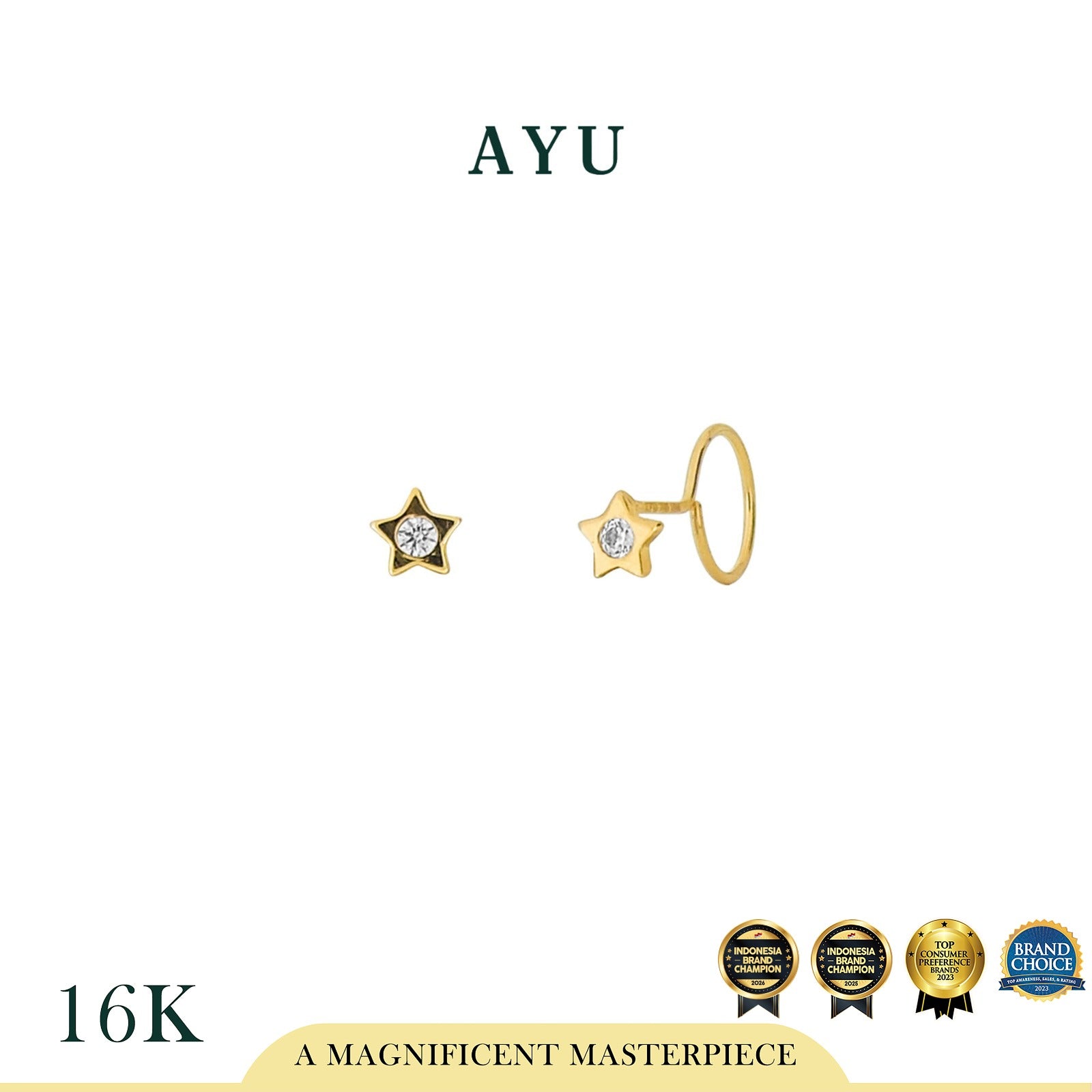 AYU Anting Emas - Mini Star Single Stone Round Loop 16k Yellow Gold