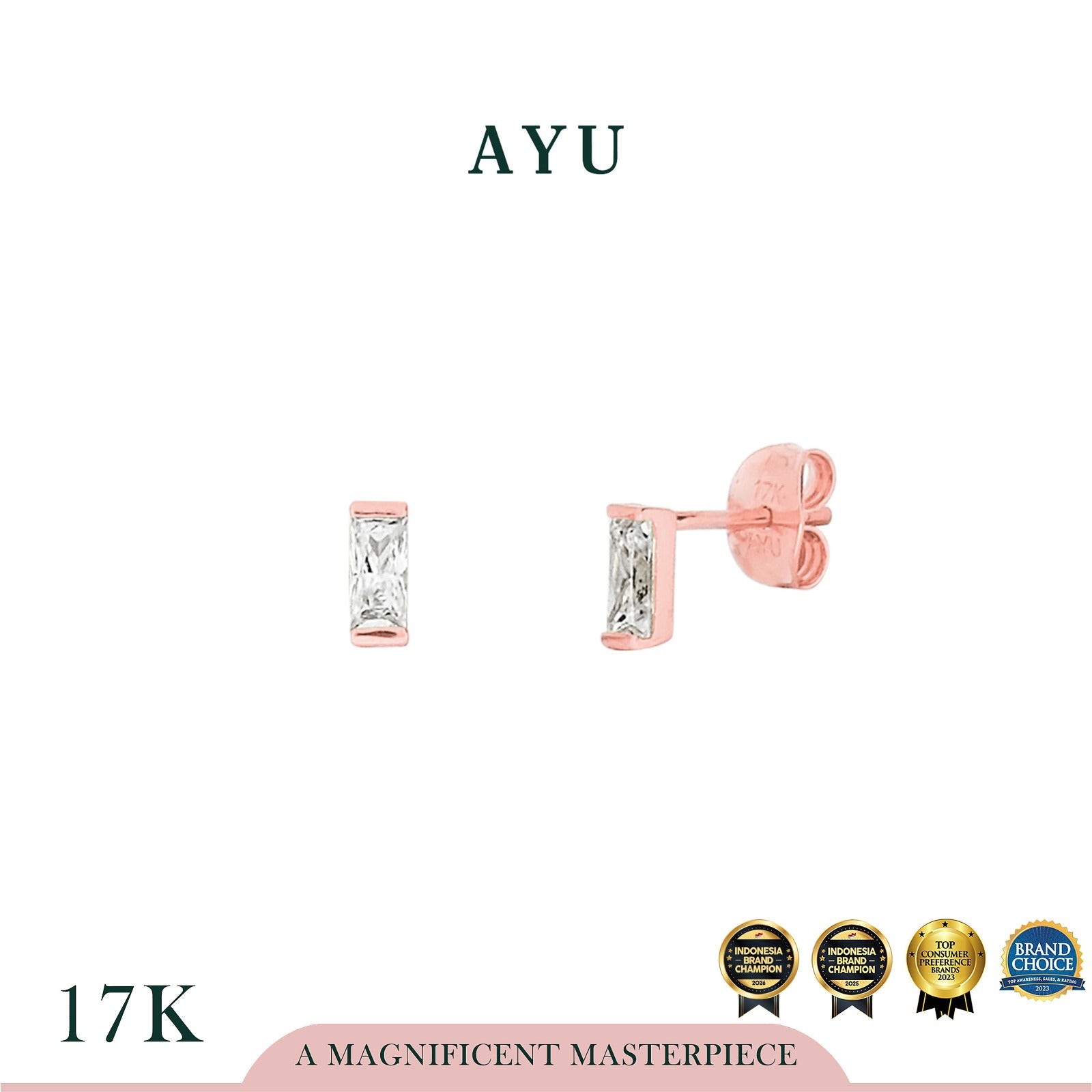 AYU Anting Emas - Baguette Studs 17K Rose Gold