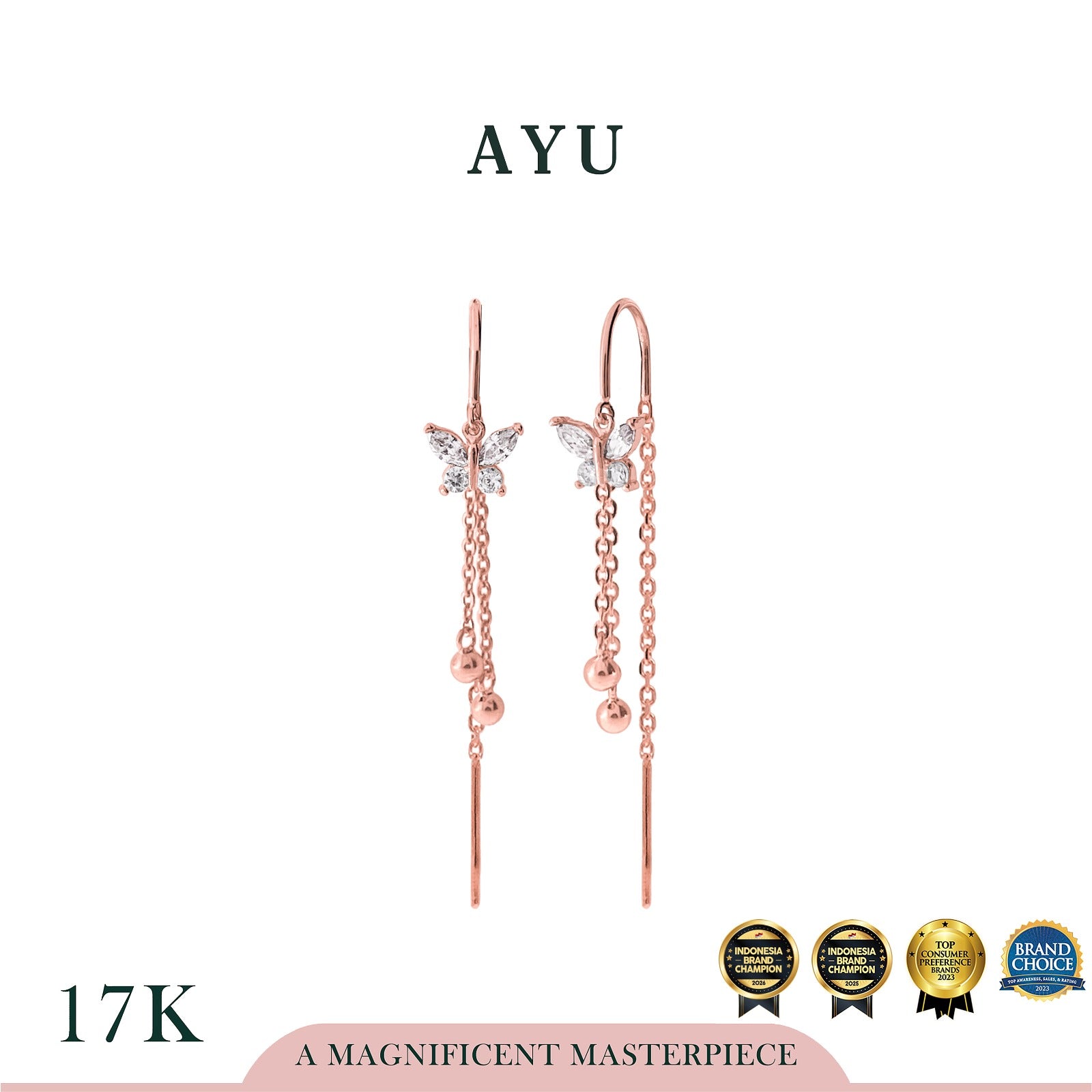 AYU Anting Emas - Everbloom Butterfly With Boba Chain Thread Earrings 17k Rose Gold