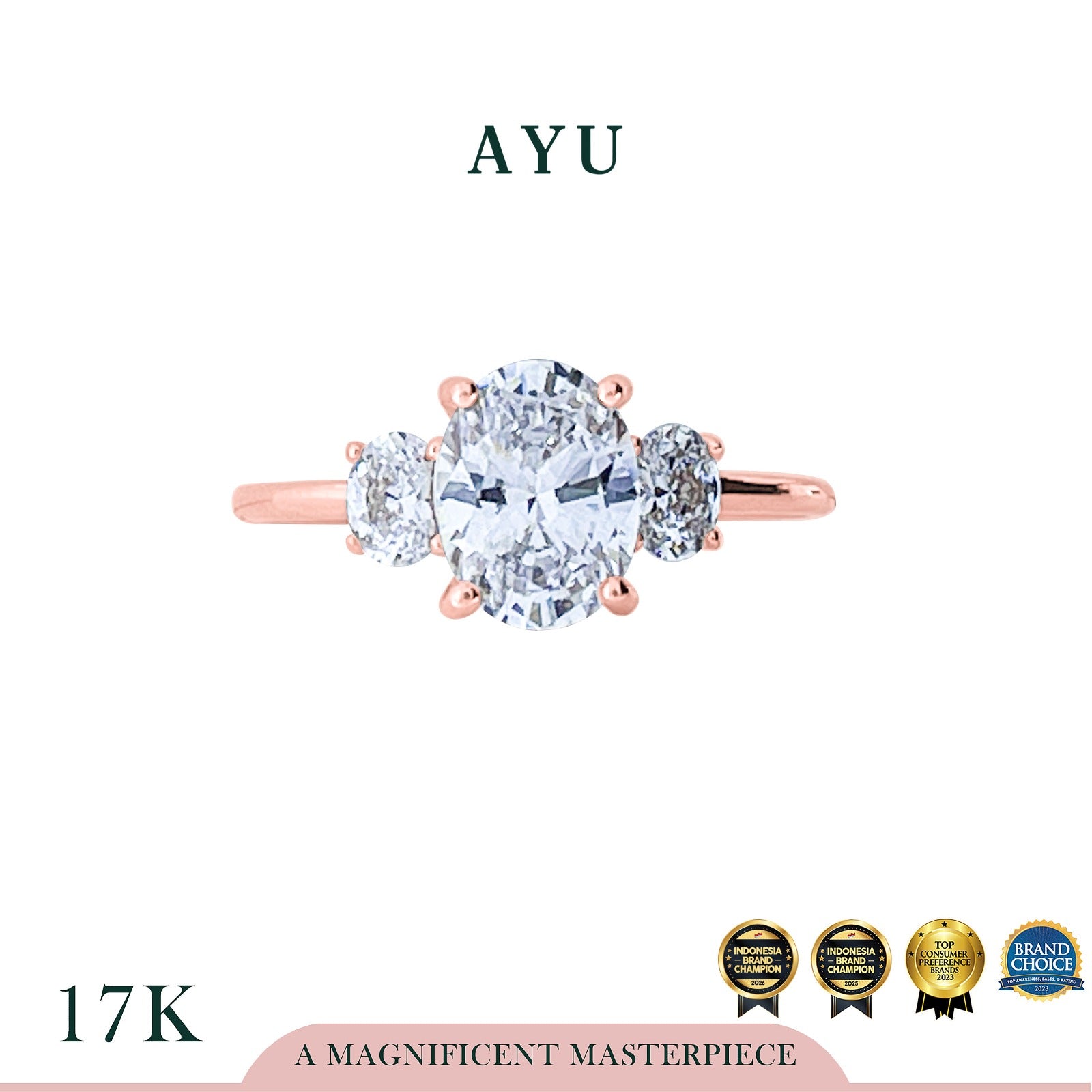 AYU Cincin Emas - The Legacy Mini Oval Trilogy Solitaire 17k Rose Gold