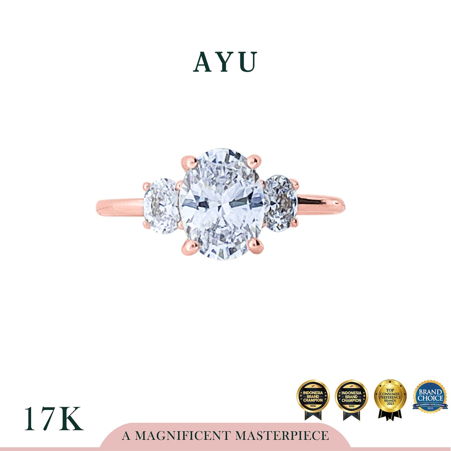 AYU Cincin Emas - The Legacy Mini Oval Trilogy Solitaire 17k Rose Gold