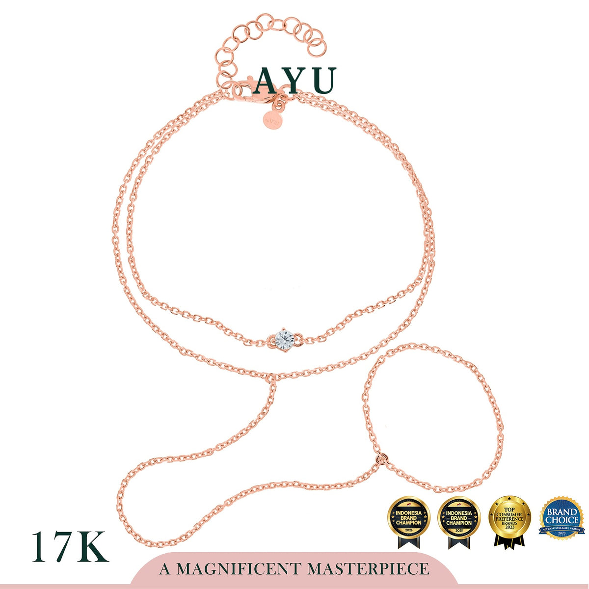 AYU Mini Solitaire Double Layer Hand Chain Bracelet 17k Rose Gold