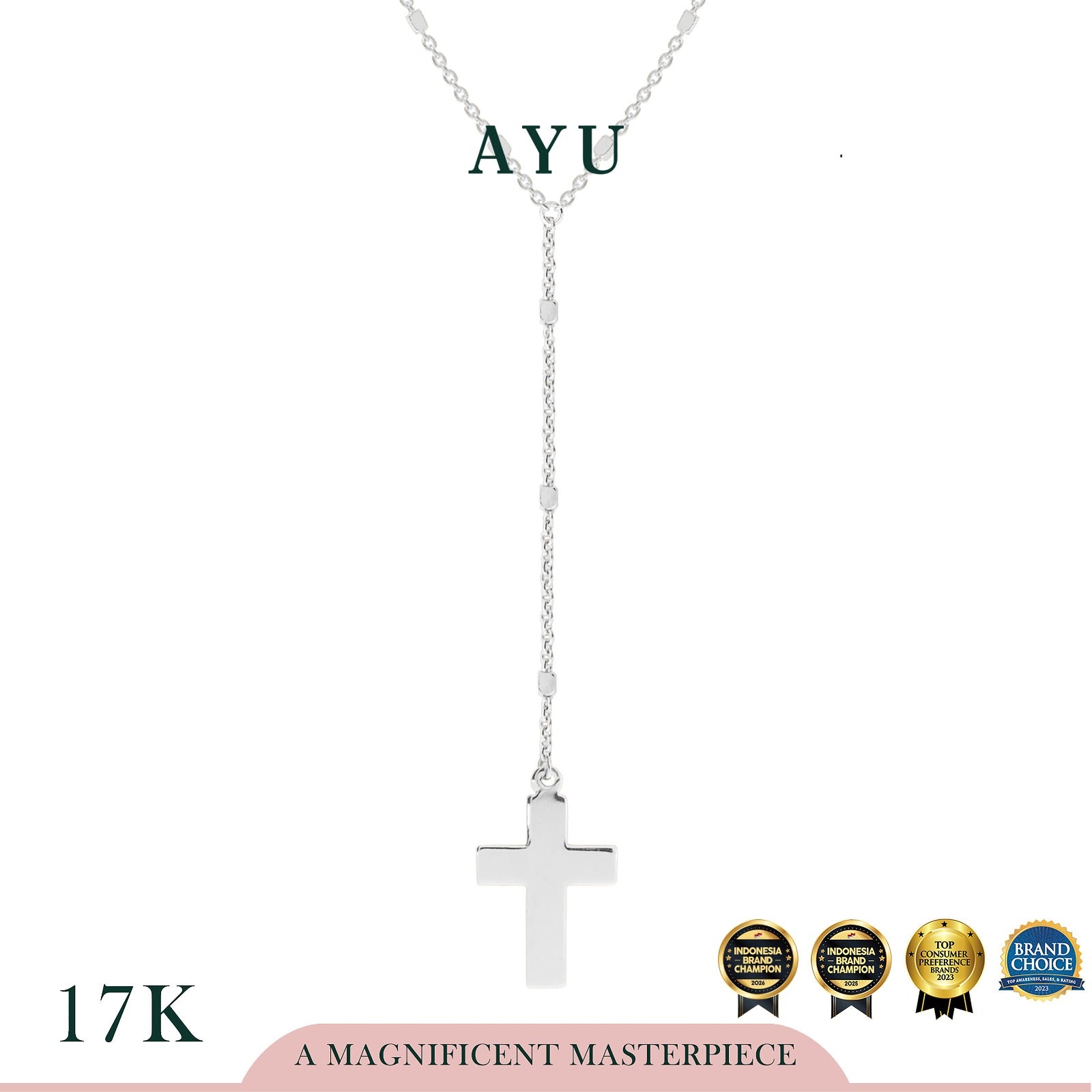 AYU Kalung Emas - Gold Cross Lariat With Bling Beads Chain Necklace 17K White Gold