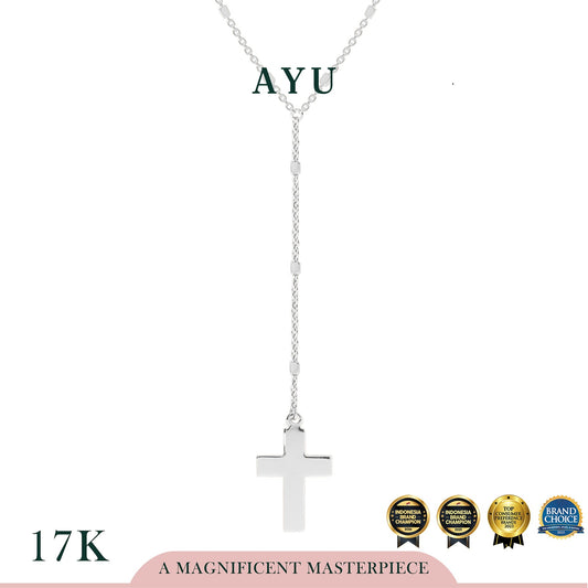 AYU Kalung Emas - Gold Cross Lariat With Bling Beads Chain Necklace 17K White Gold