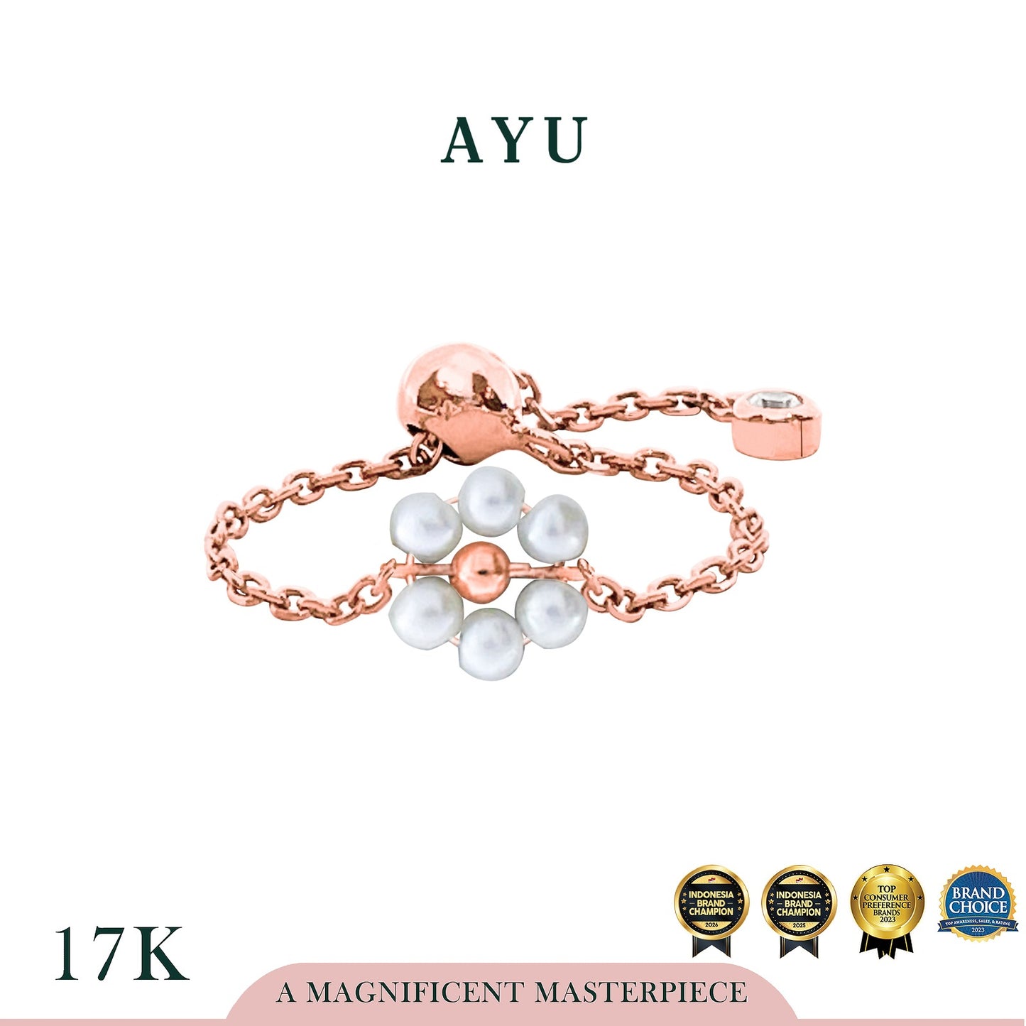 AYU Cincin Emas - Beaded Pearl Flower Adjustable Ring 17k Rose Gold