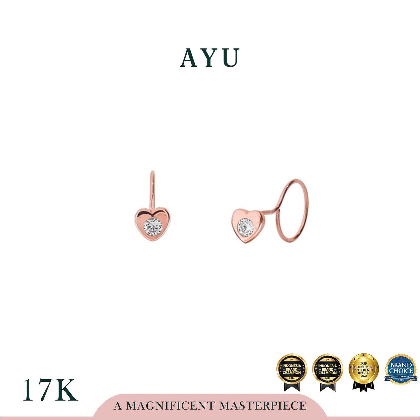 AYU Anting Emas Toge - Mini Heart Single Stone Round Loop 17k Rose Gold