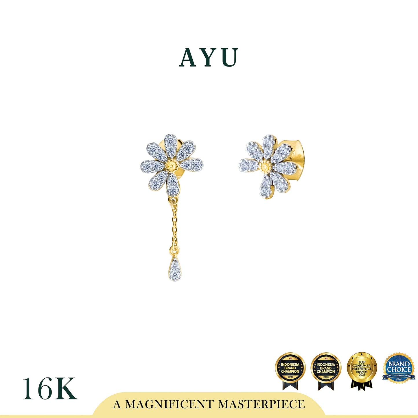 AYU Anting Emas - G Daisy Studs With Chain 16k Yellow Gold