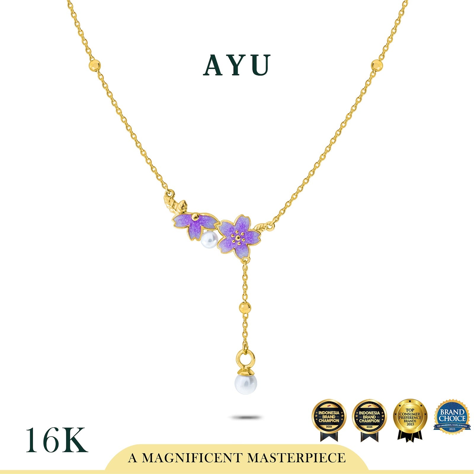 AYU Kalung Emas - Spring Sakura Pearl Lariat Chain Necklace 16k Yellow Gold
