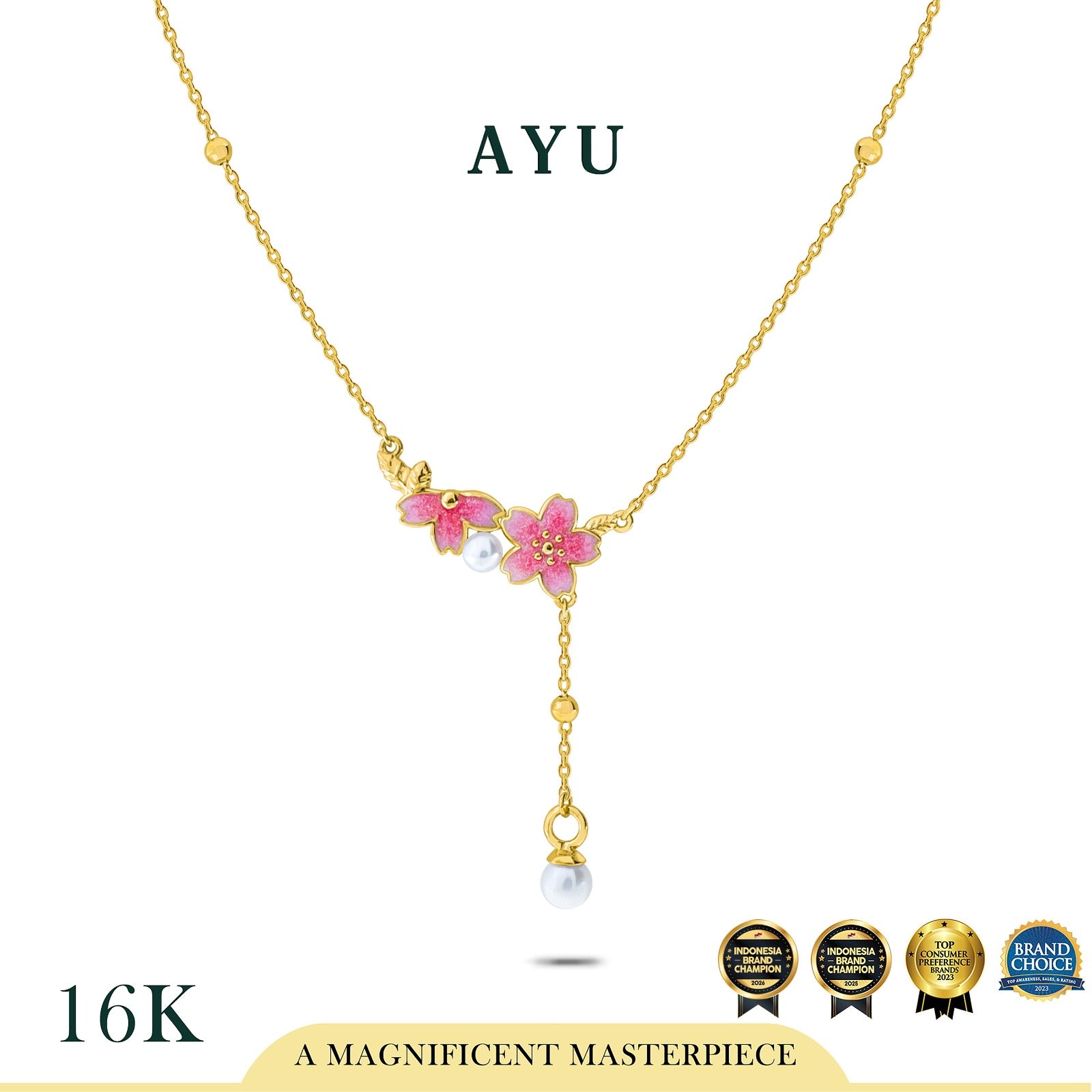 AYU Kalung Emas - Spring Sakura Pearl Lariat Chain Necklace 16k Yellow Gold