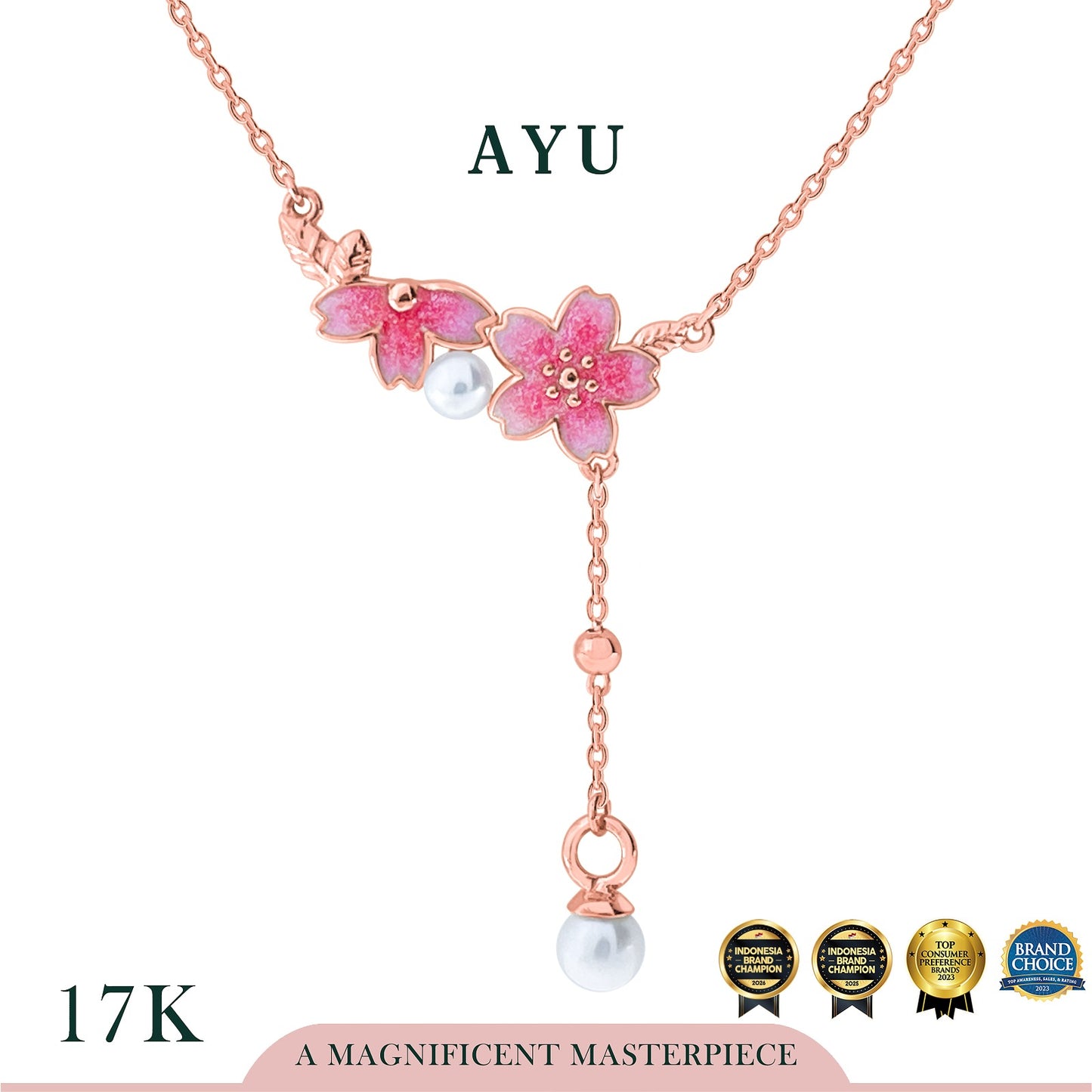 AYU Kalung Emas - Spring Sakura Pearl Lariat Chain Necklace 17k Rose Gold