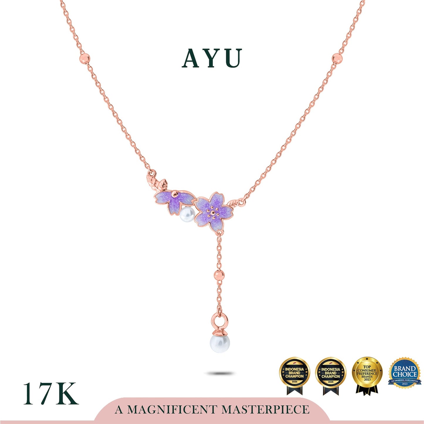 AYU Kalung Emas - Spring Sakura Pearl Lariat Chain Necklace 17k Rose Gold