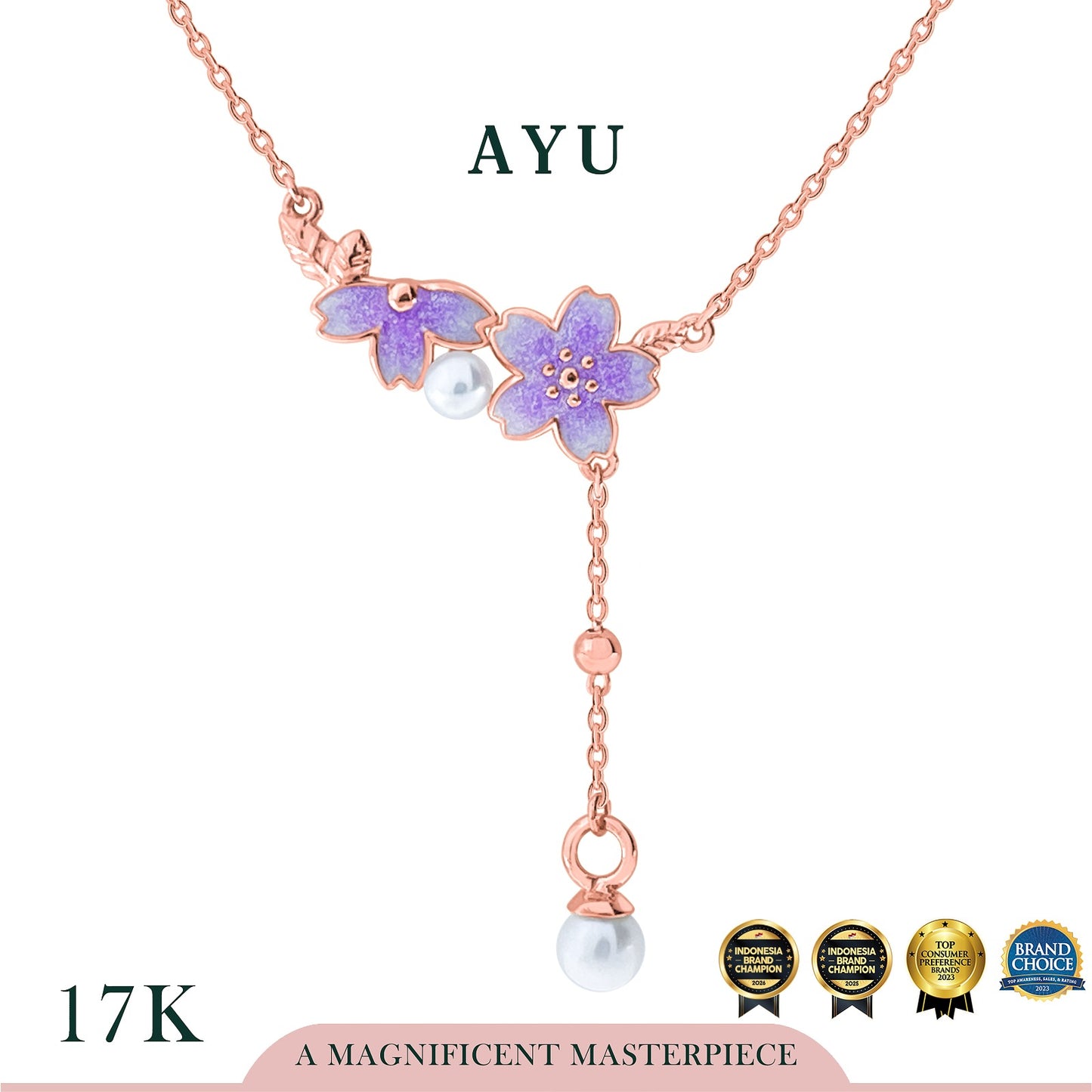 AYU Kalung Emas - Spring Sakura Pearl Lariat Chain Necklace 17k Rose Gold