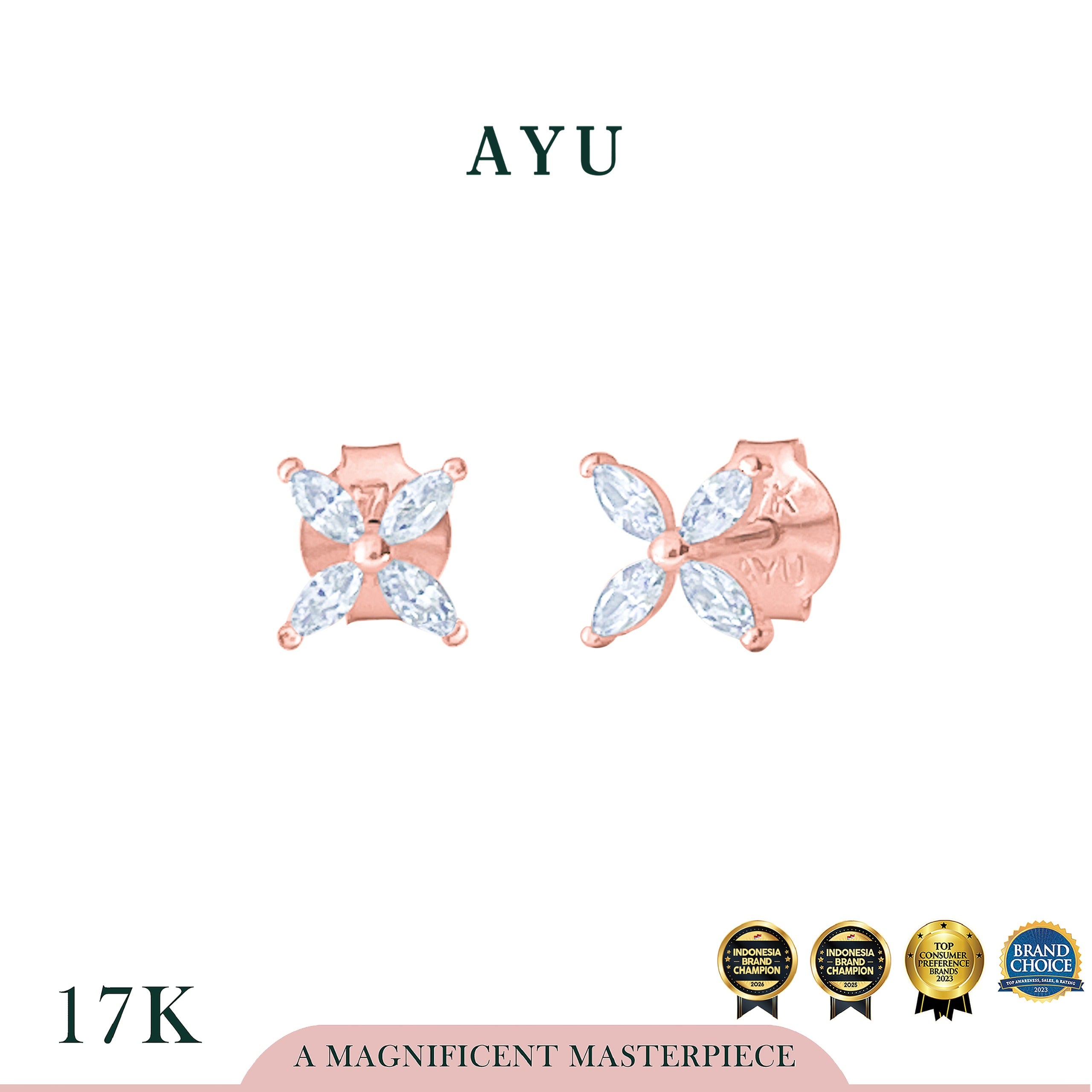 AYU Anting Emas - Clover Marquise Studs 17k Rose Gold