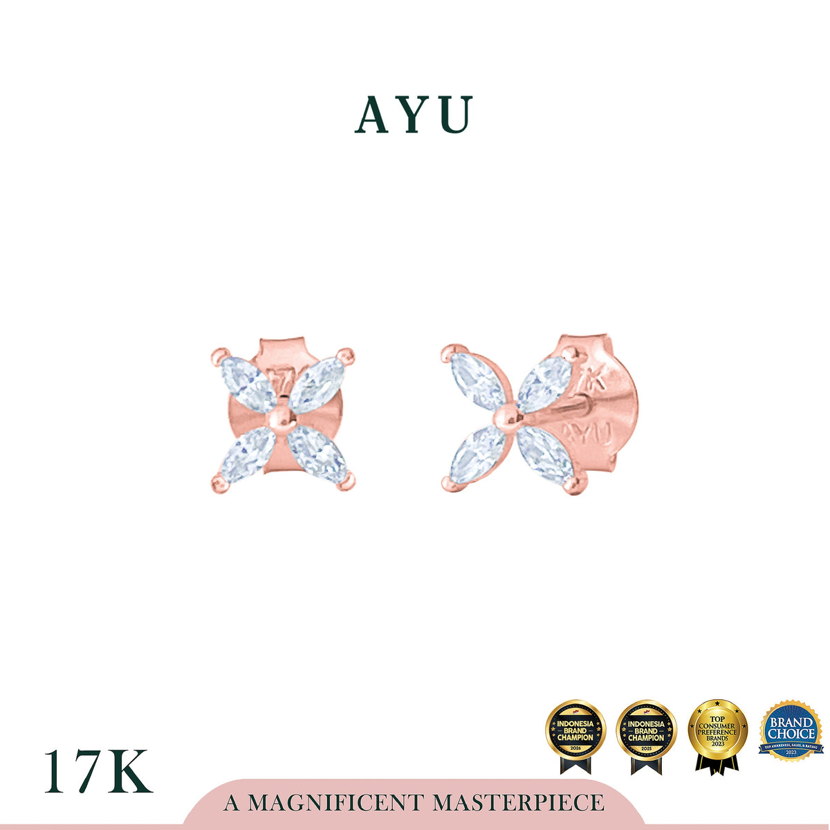 AYU Anting Emas - Clover Marquise Studs 17k Rose Gold