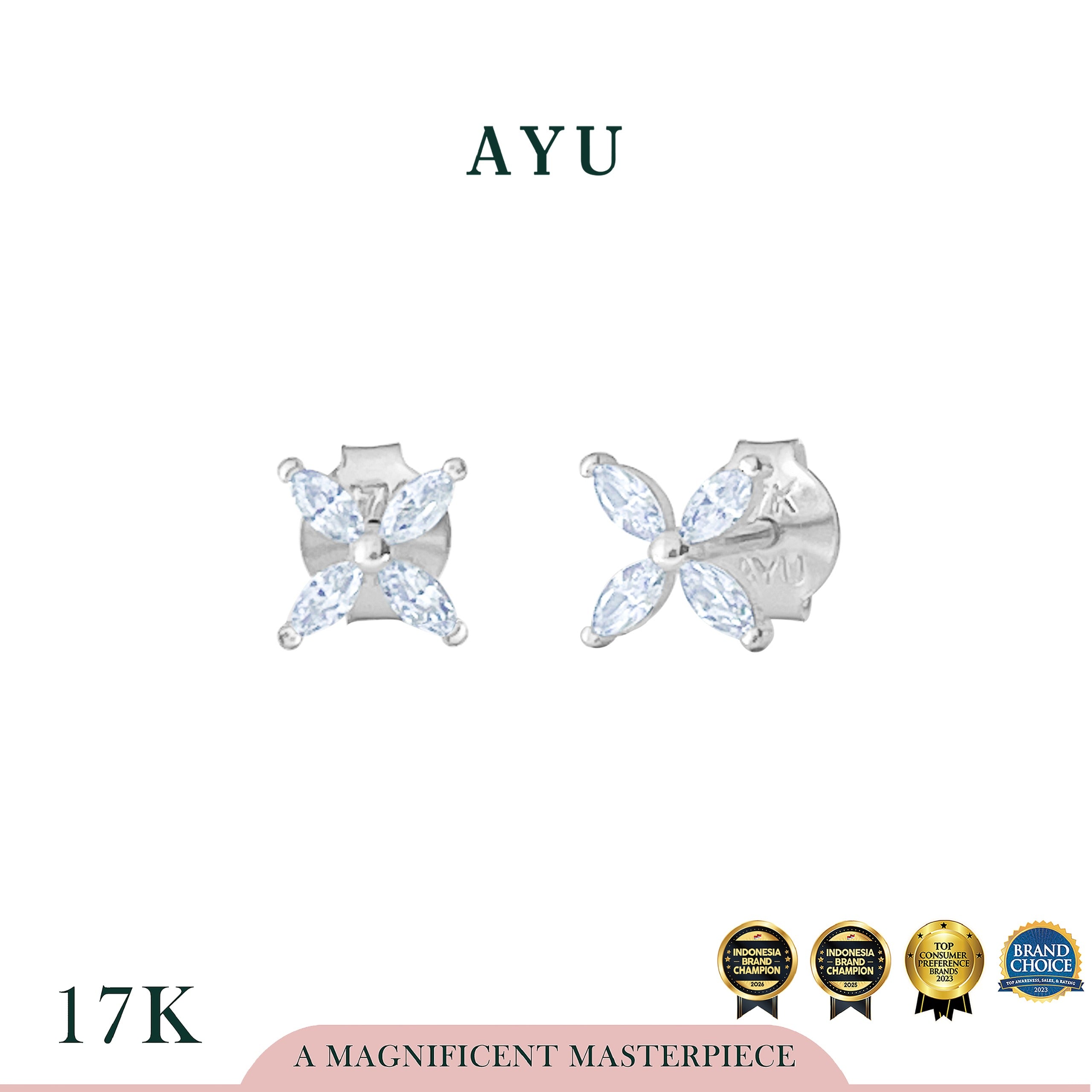 AYU Anting Emas - Clover Marquise Studs 17k White Gold