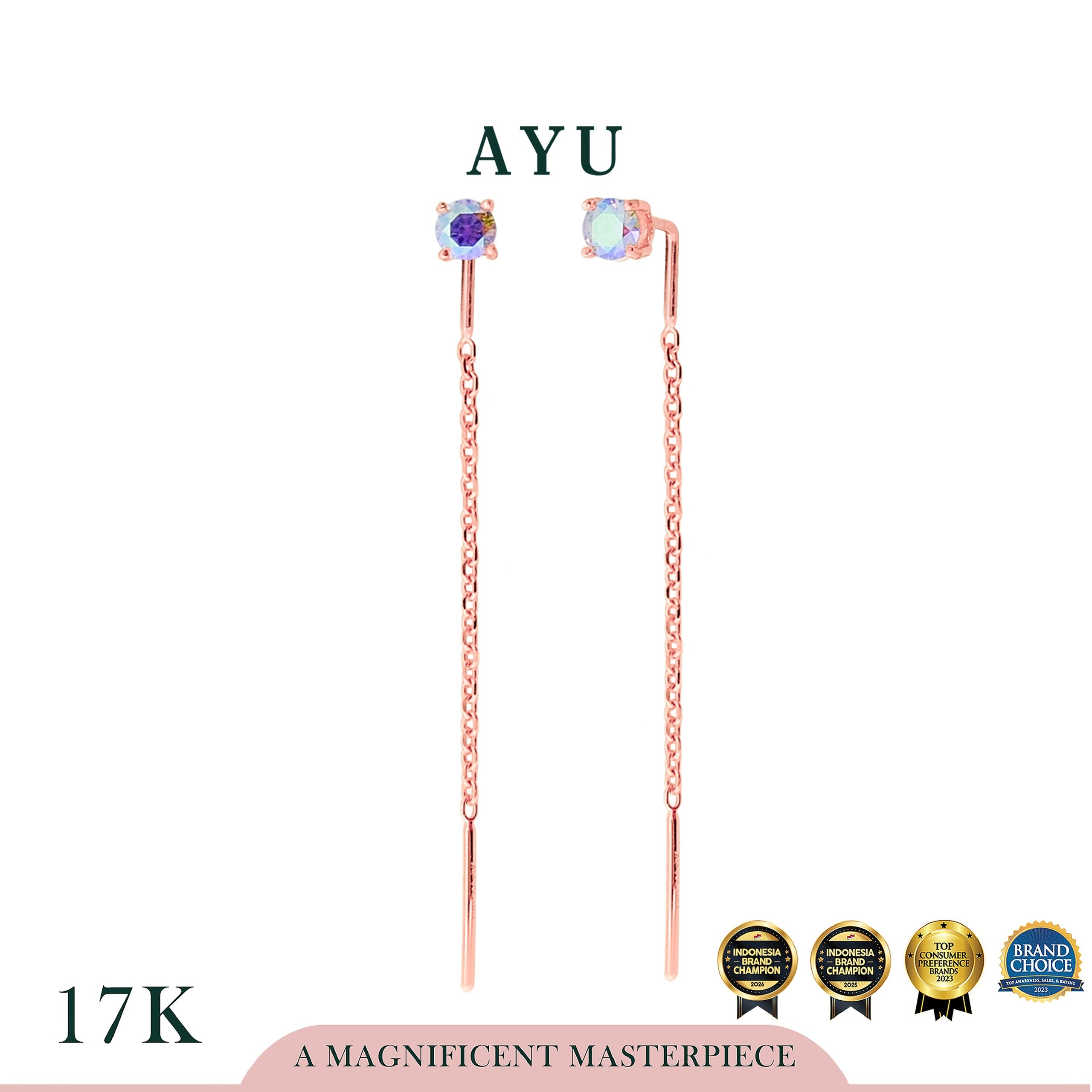 AYU Anting Emas - Magical Round Solitaire Thread Earrings 17k Rose Gold