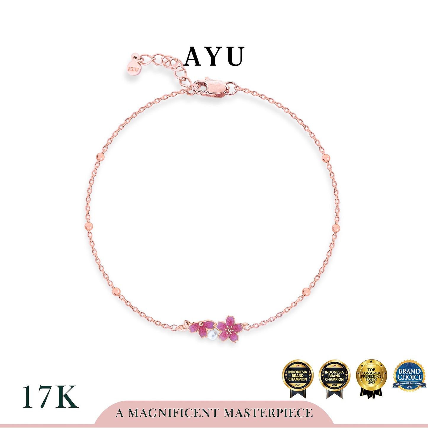 AYU Gelang Emas - Spring Sakura With Pearl Bracelet 17k Rose Gold