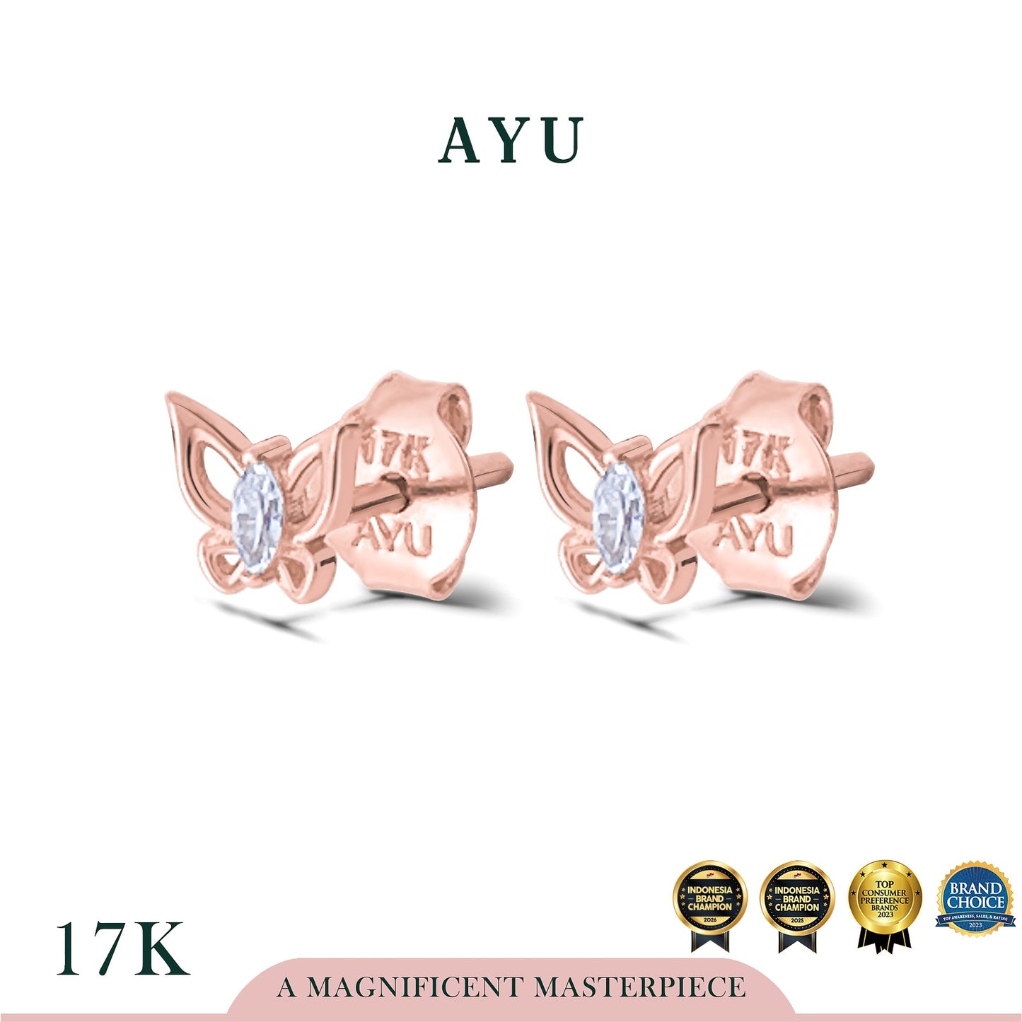 AYU Anting Emas - Marquis Mini Butterfly Studs 17k Rose Gold