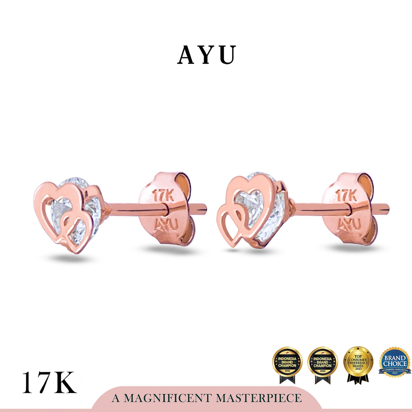 AYU Anting Emas - Double Heart Studs 17k Rose Gold