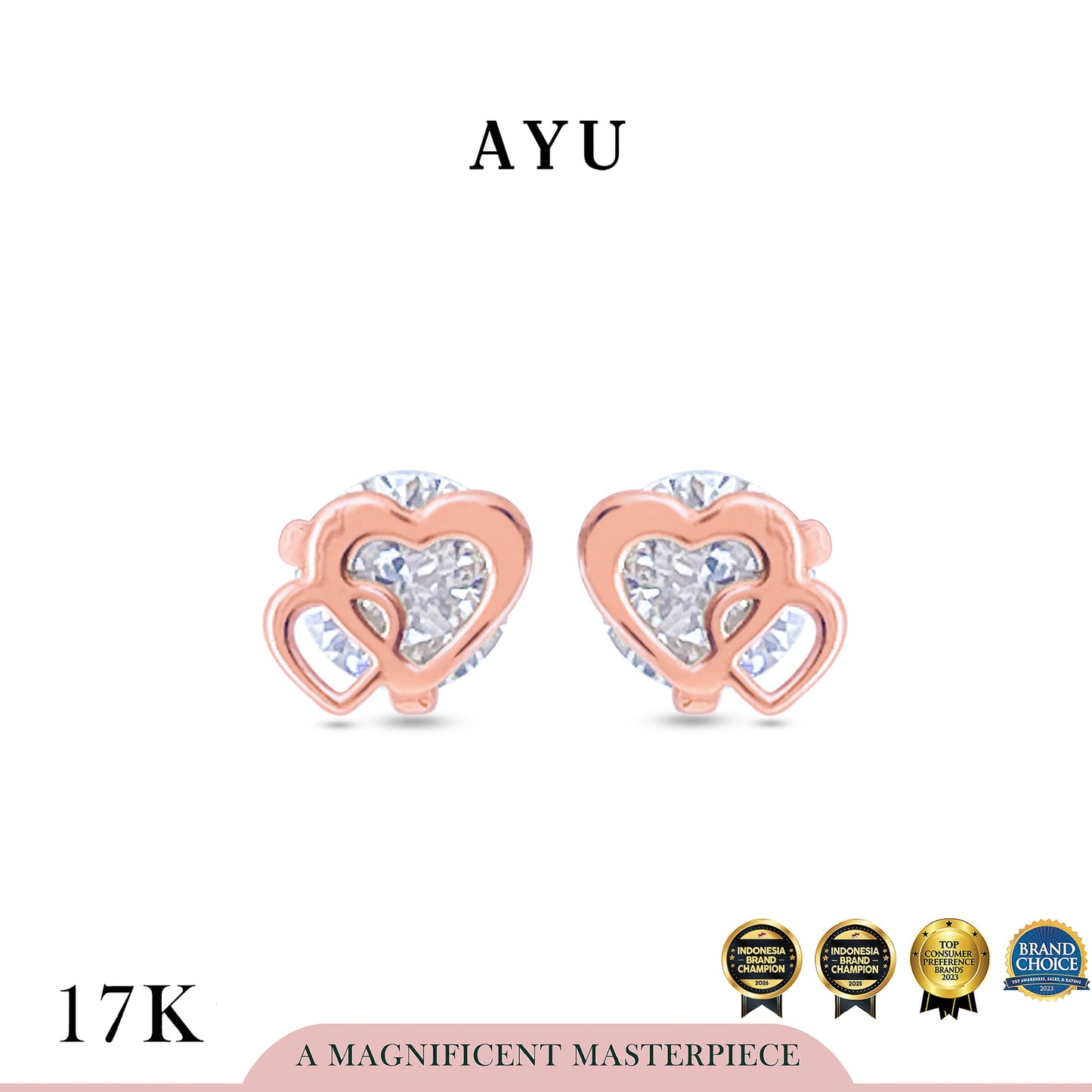 AYU Anting Emas - Double Heart Studs 17k Rose Gold