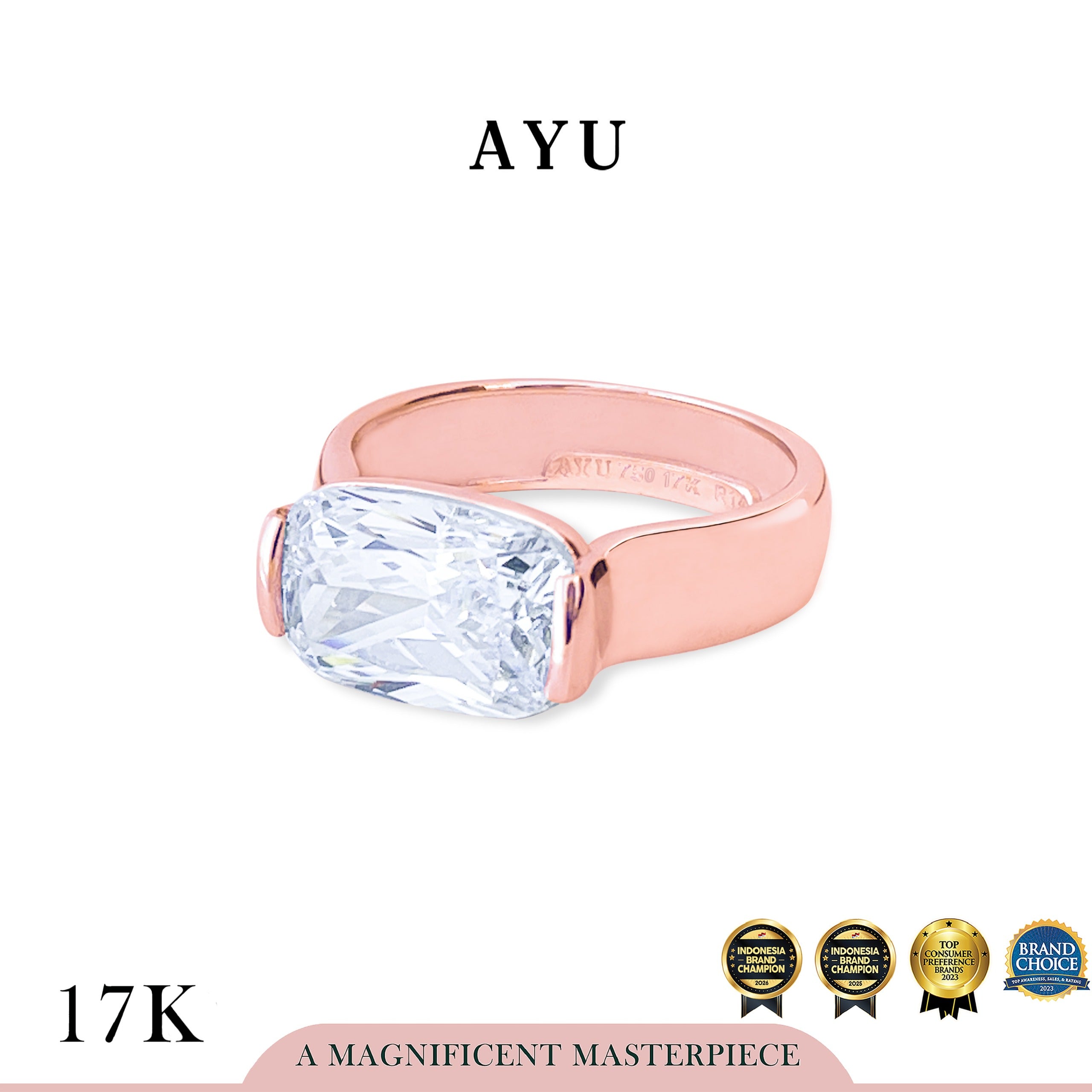 AYU Cincin Emas - Glam Eastwest Cushion Solitaire 17k Rose Gold
