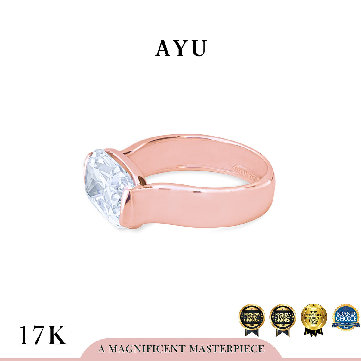 AYU Cincin Emas - Glam Eastwest Cushion Solitaire 17k Rose Gold