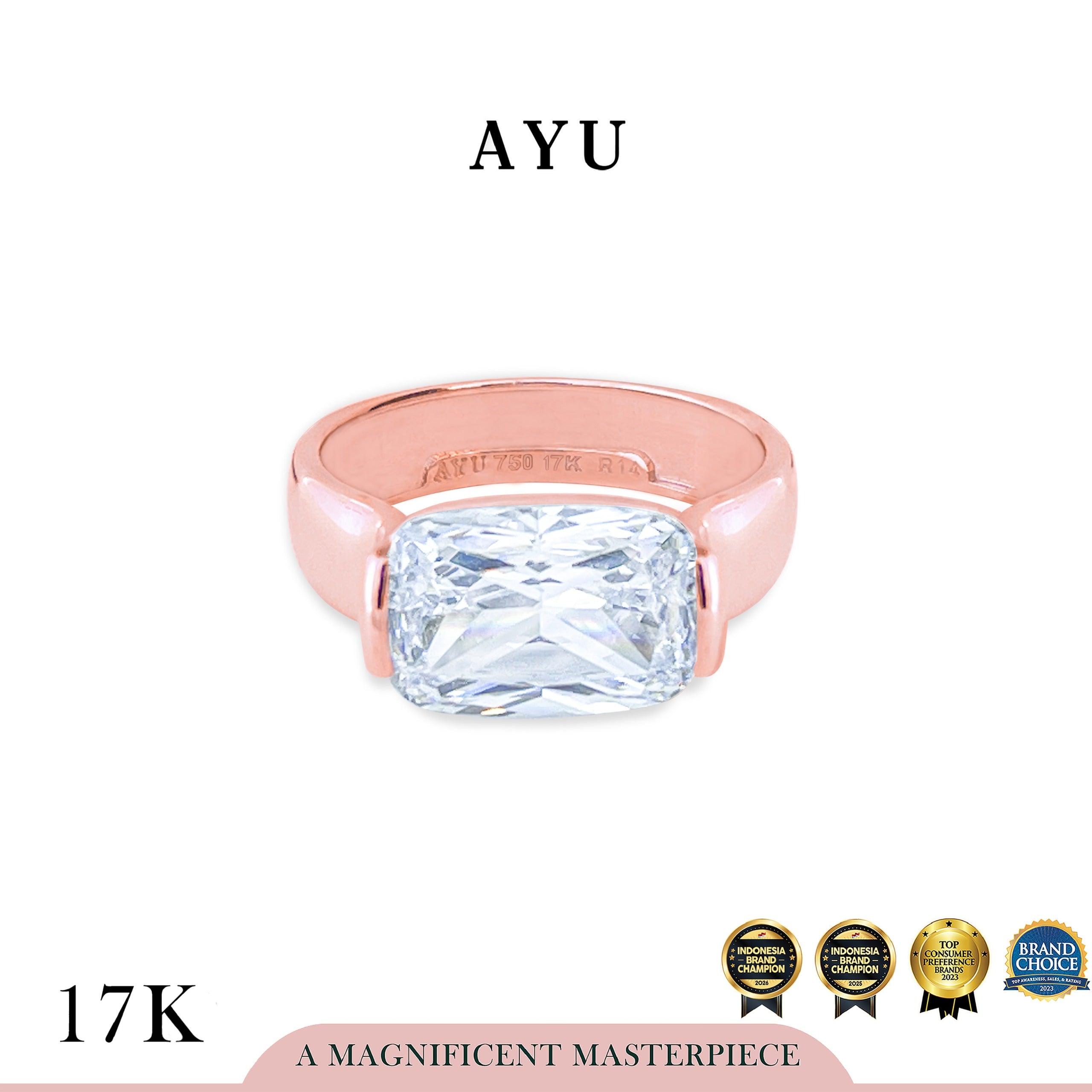 AYU Cincin Emas - Glam Eastwest Cushion Solitaire 17k Rose Gold