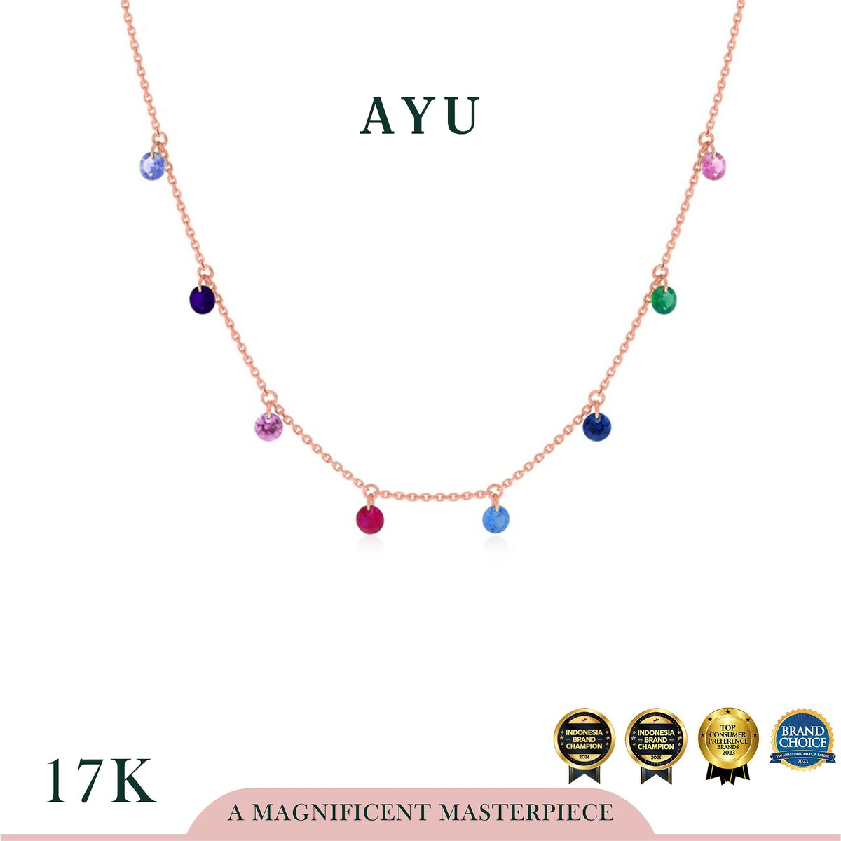 AYU Kalung Emas Korea - 8 Candy Pop Chain Necklace Rainbow 17k Rose Gold