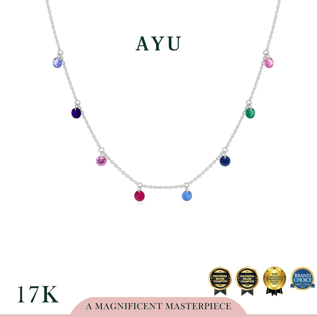 AYU Kalung Emas - 8 Candy Pop Chain Necklace Rainbow 17k White Gold