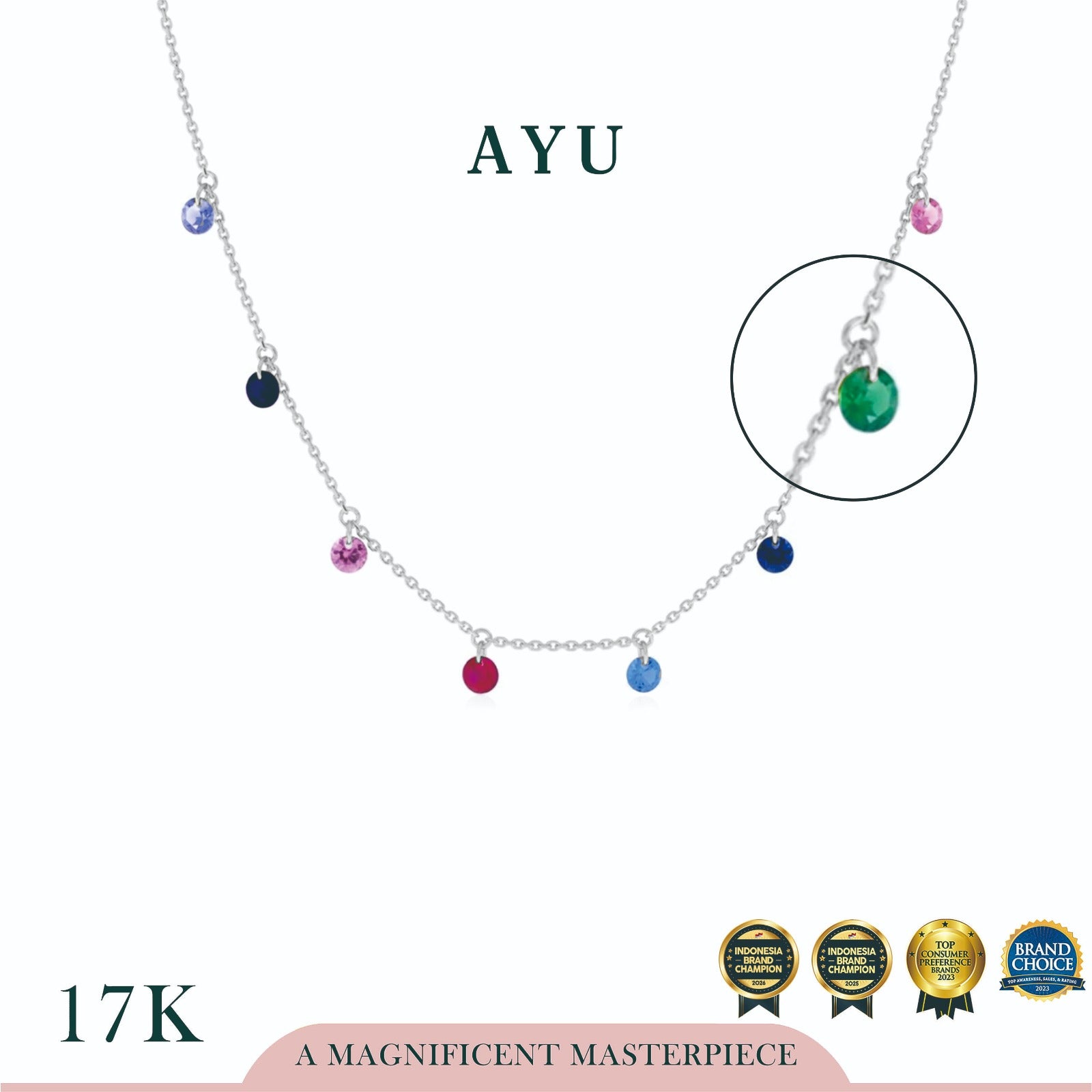 AYU Kalung Emas - 8 Candy Pop Chain Necklace Rainbow 17k White Gold