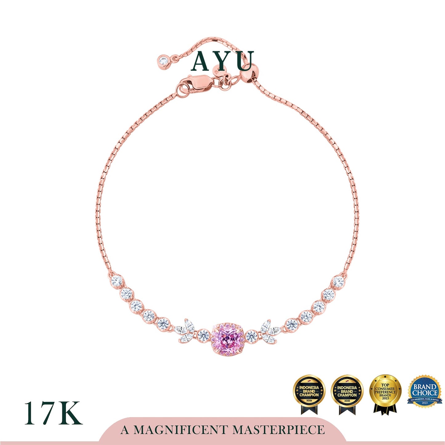 AYU Gelang Emas - Cushion Halo Angel Vine Everbloom Chain Bracelet 17k Rose Gold