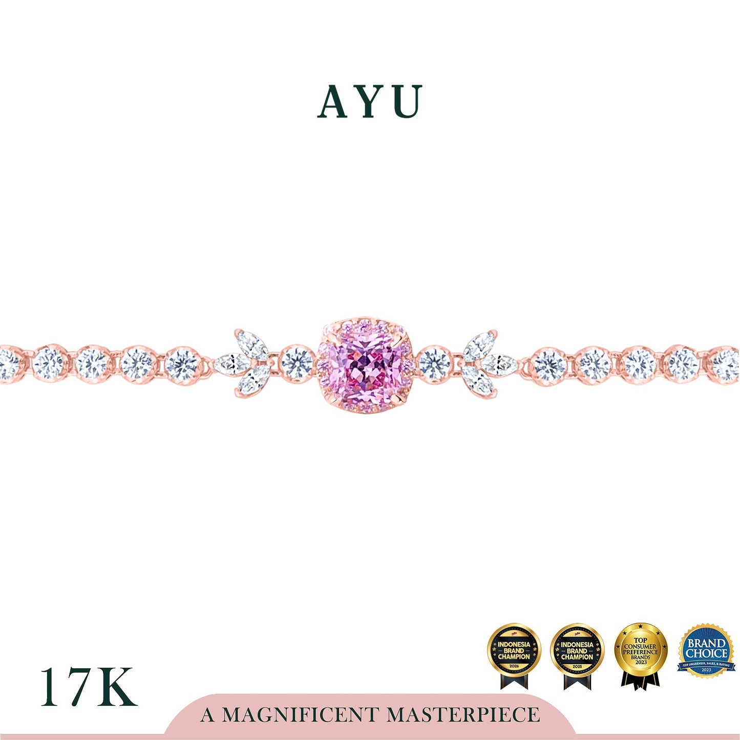 AYU Gelang Emas - Cushion Halo Angel Vine Everbloom Chain Bracelet 17k Rose Gold