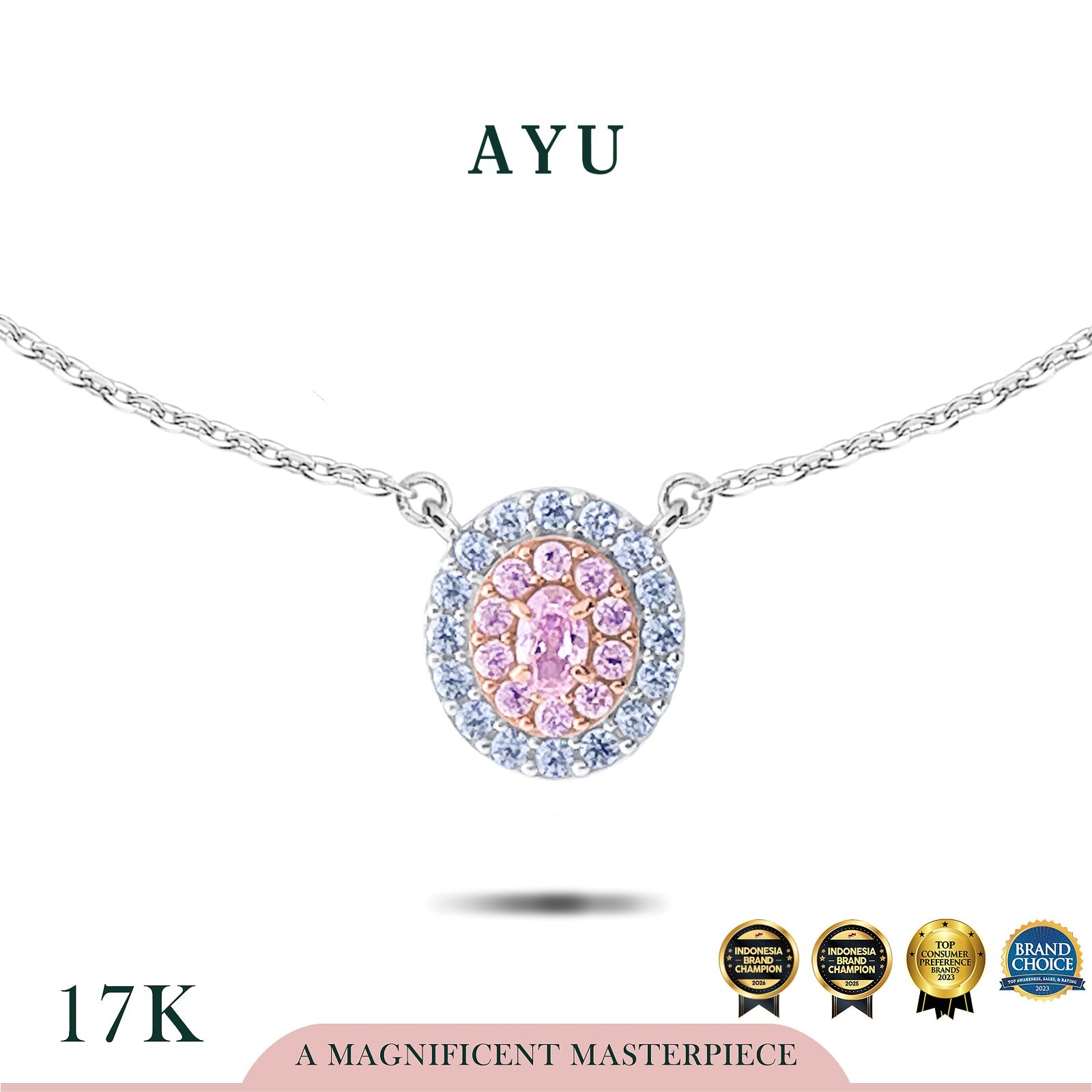 AYU Kalung Emas - Everbloom Oval Halo Necklace 17k White Gold