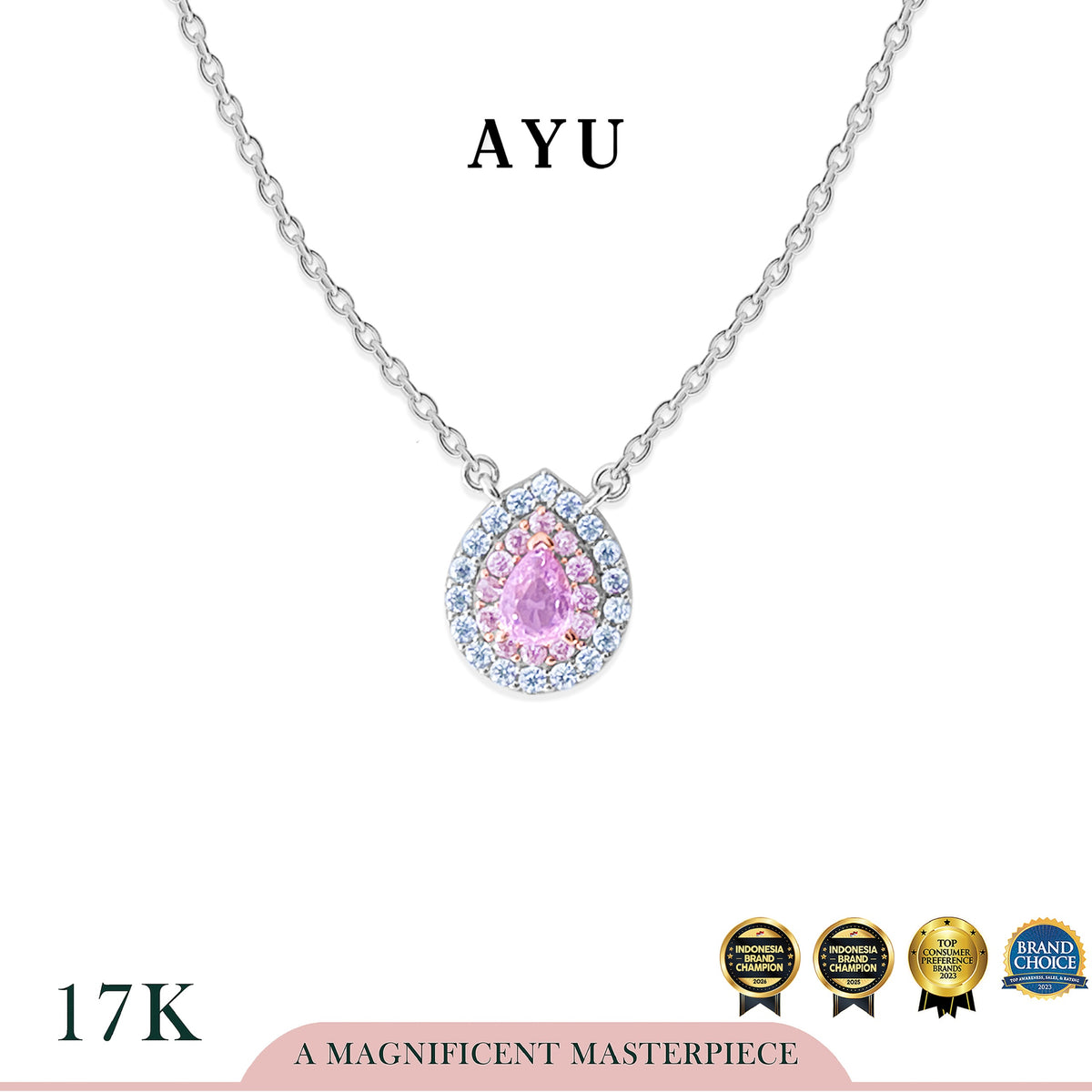 AYU Kalung Emas - Everbloom Teardrop Halo Necklace 17k White Gold
