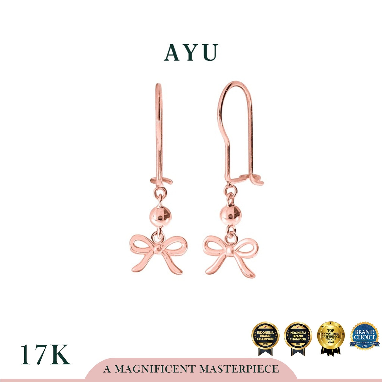 AYU Anting Emas - Gold Mini Ribbon With Boba Wire Earrings 17k Rose Gold