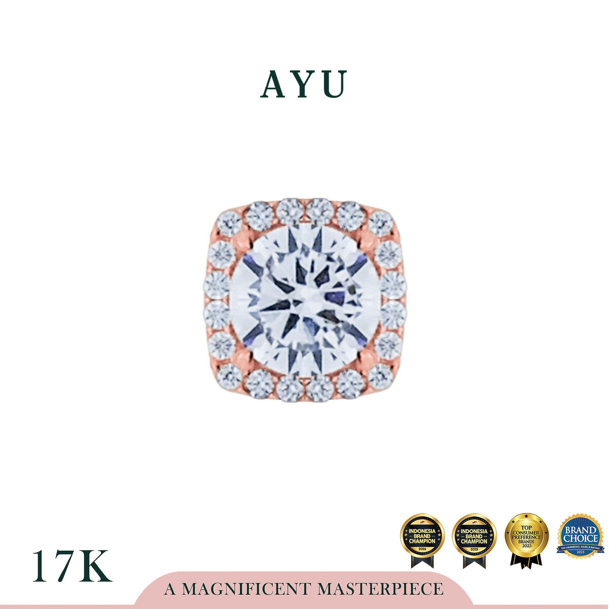 AYU Liontin Emas - Cushion Halo Pendant 17k Rose Gold