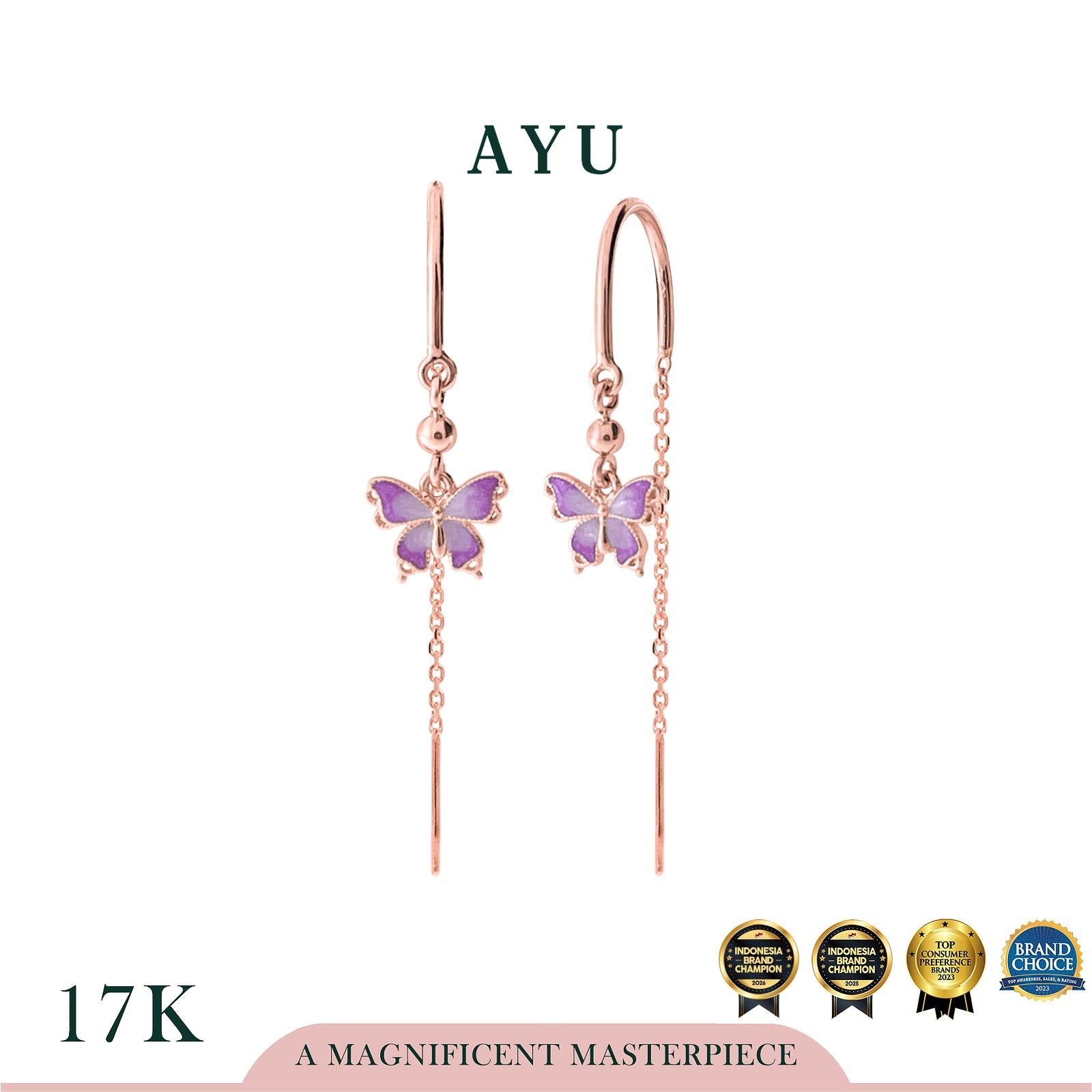 AYU Anting Emas - Fairy Dust Butterfly Thread Earrings 17k Rose Gold