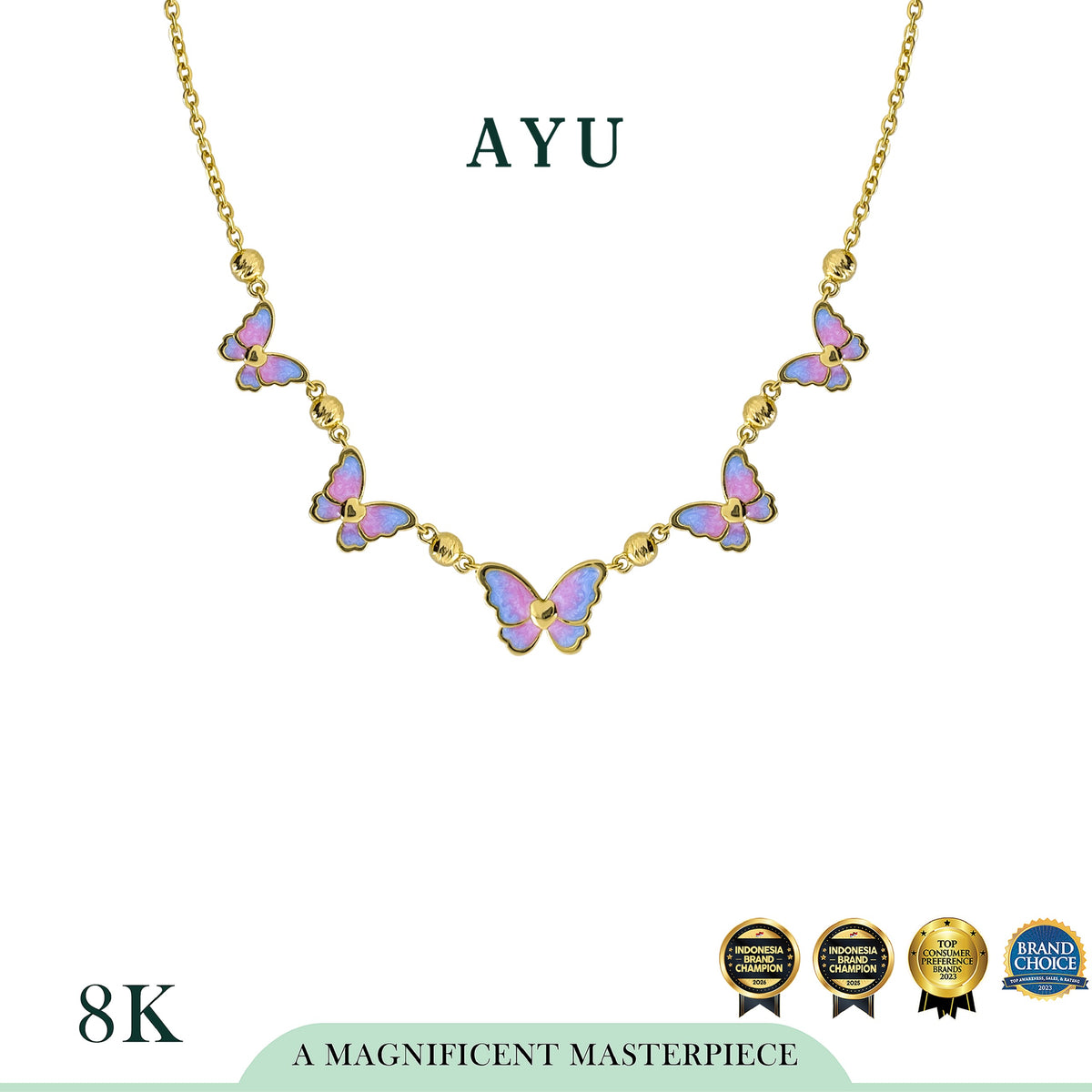 AYU Kalung Emas - Butterfly Glaze Boba Necklace 8k Yellow Gold