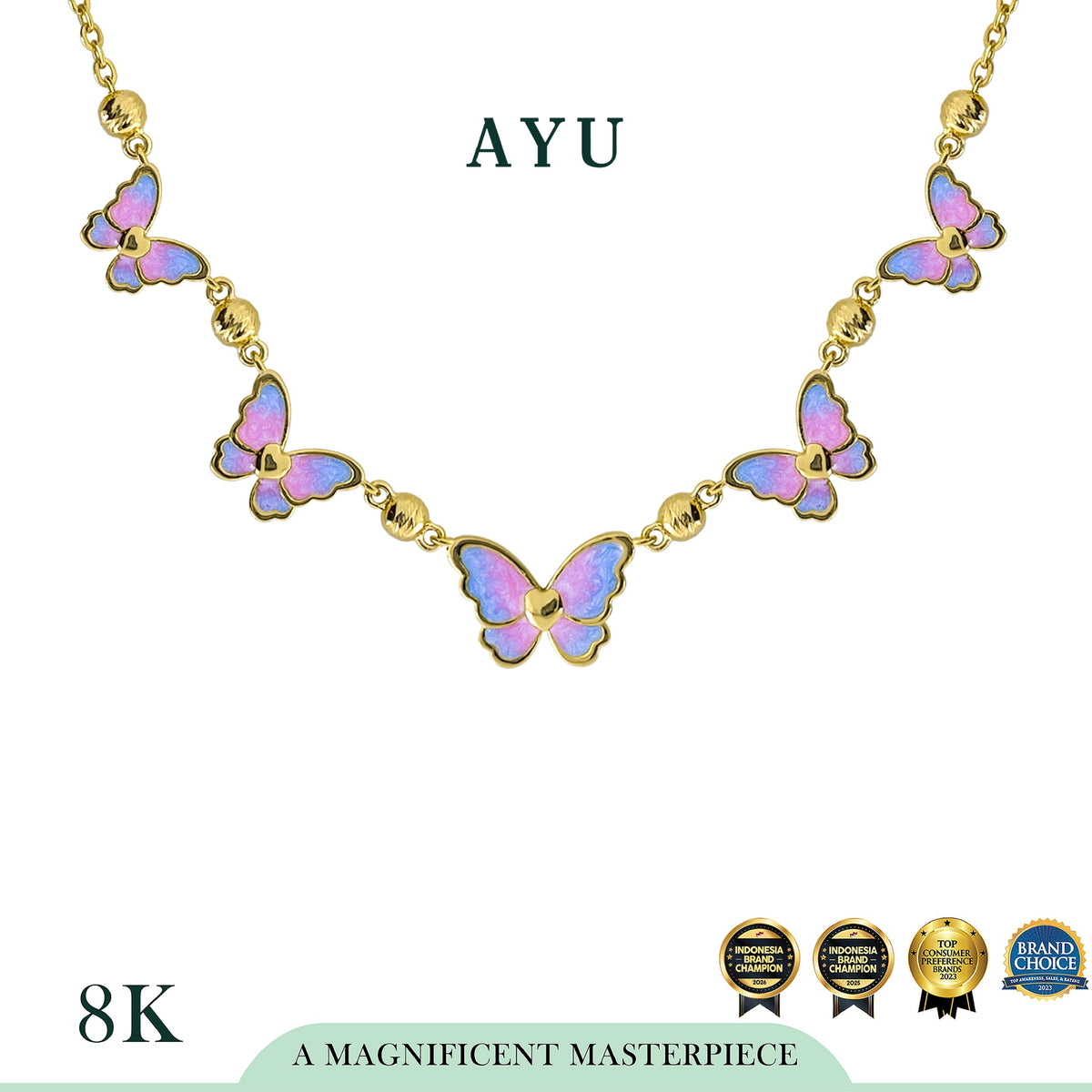 AYU Kalung Emas - Butterfly Glaze Boba Necklace 8k Yellow Gold