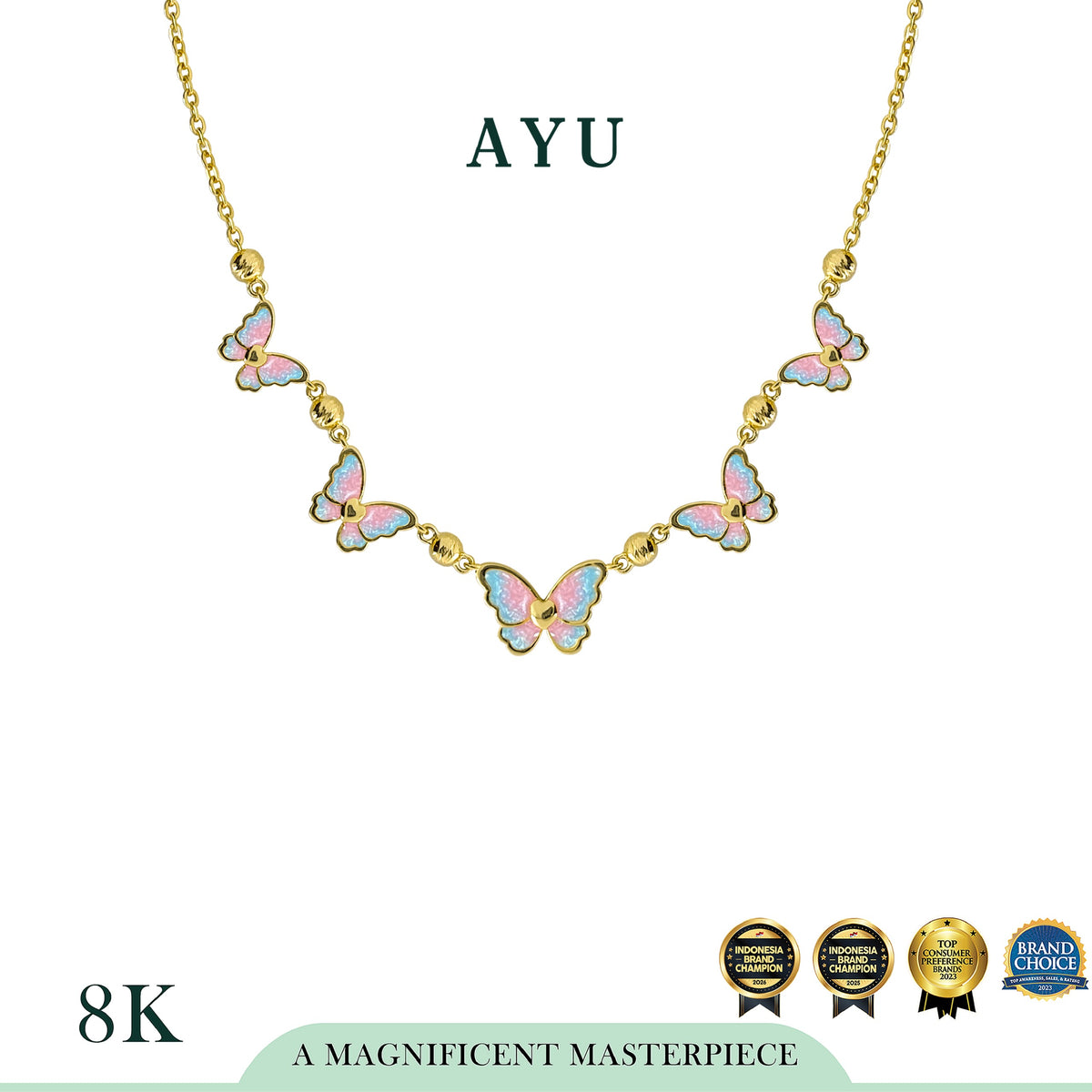 AYU Kalung Emas - Butterfly Glaze Boba Necklace 8k Yellow Gold