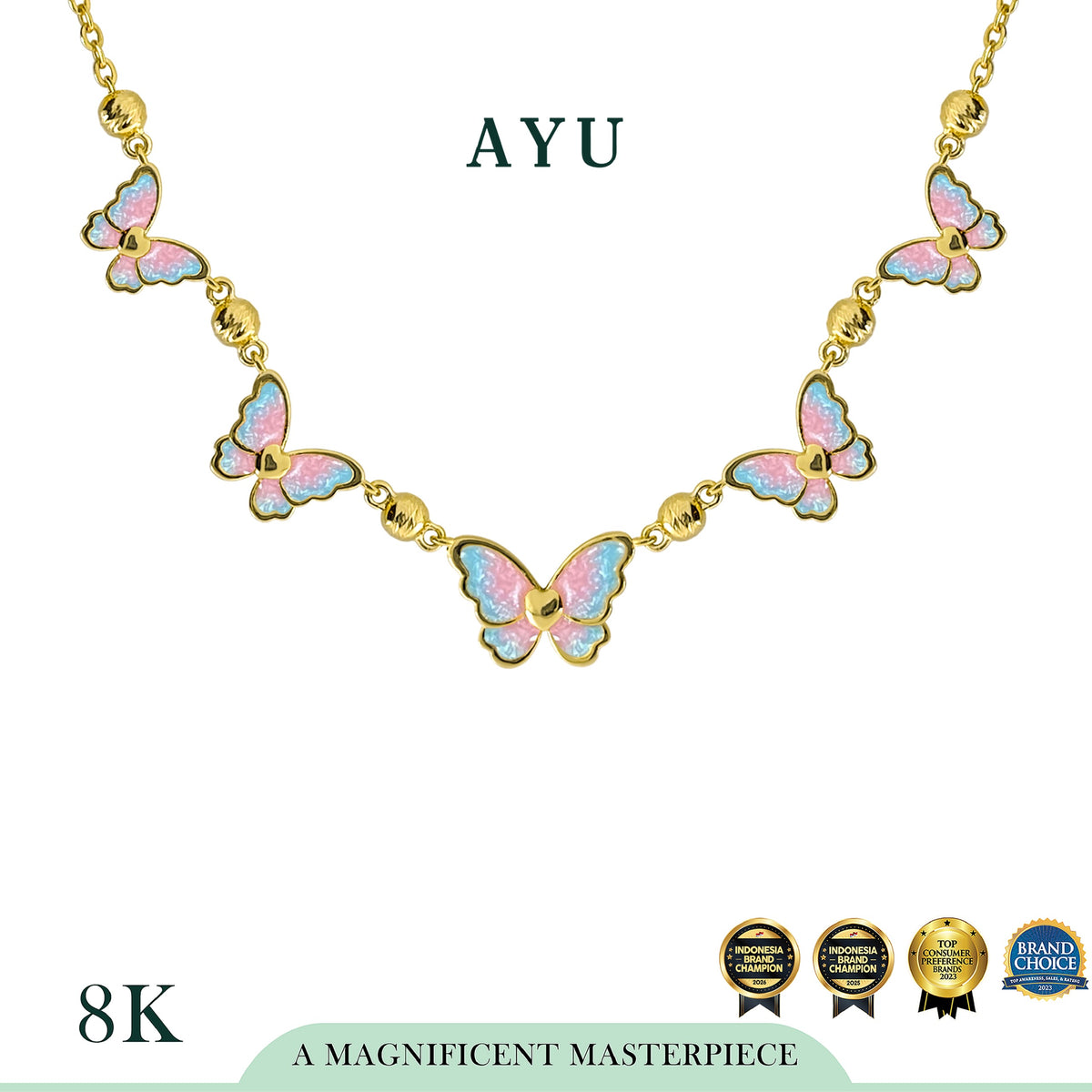 AYU Kalung Emas - Butterfly Glaze Boba Necklace 8k Yellow Gold